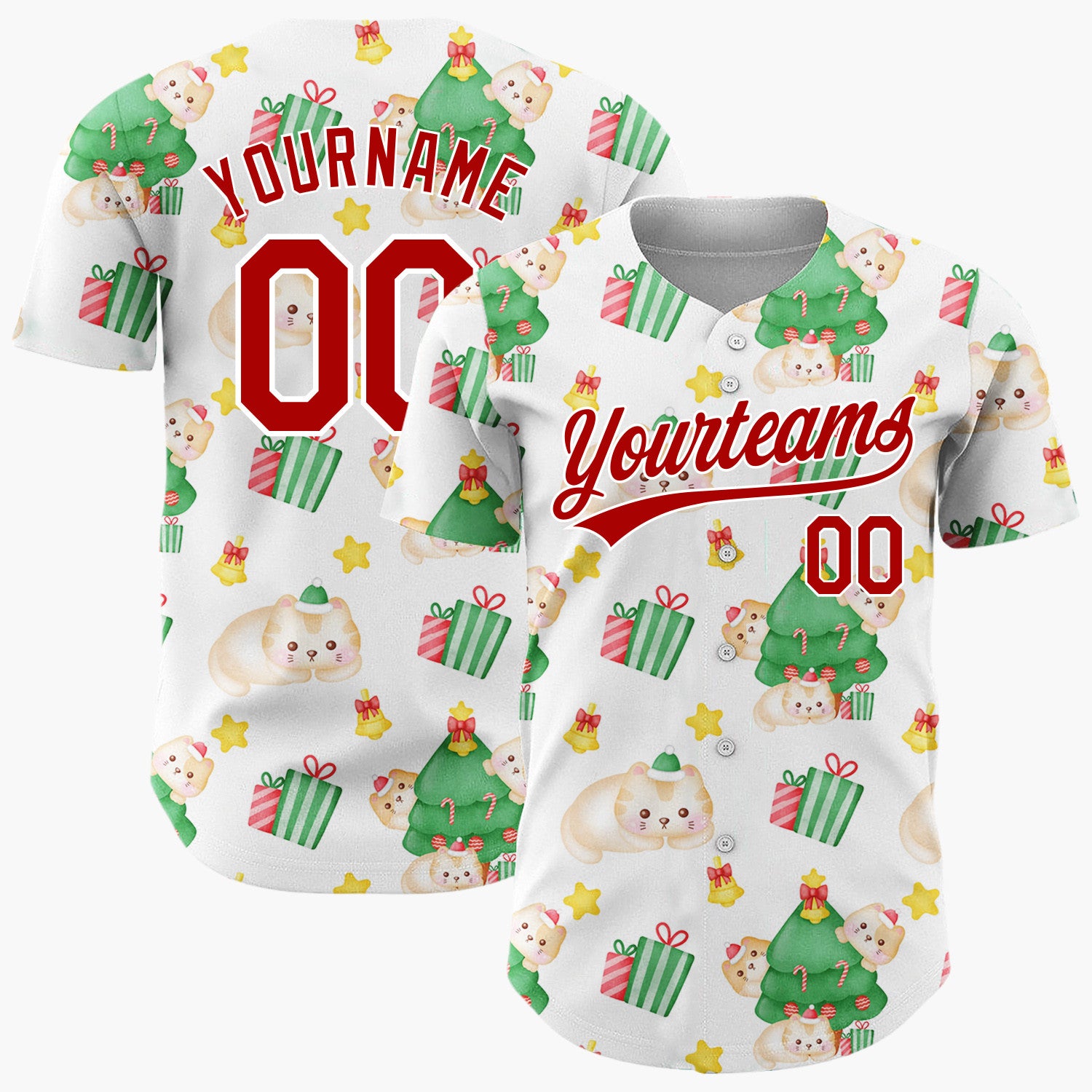 Custom White Cute Cat Christmas Tree Kawaii Pattern Christmas Baseball Jersey