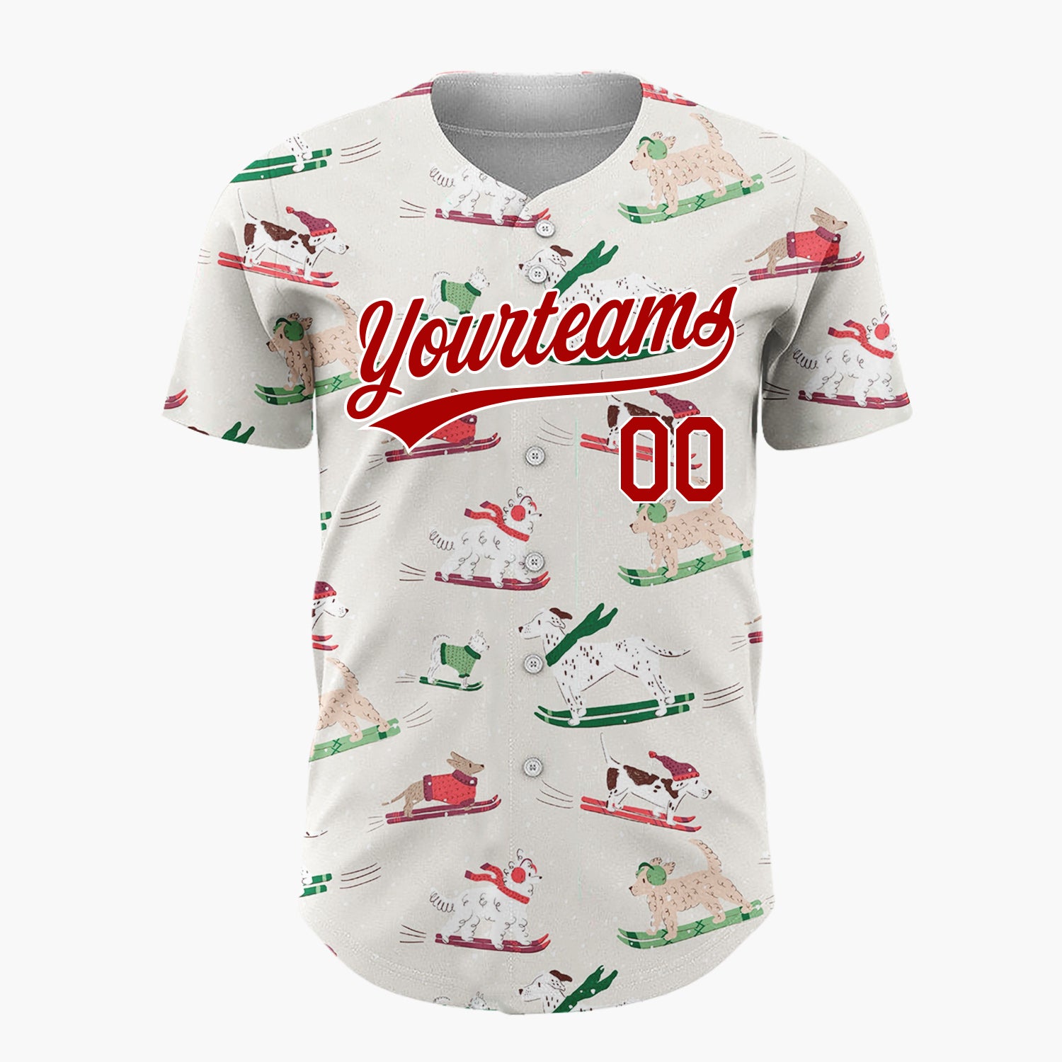 Custom White Dogs Sledding Christmas Cartoon Pattern Christmas Baseball Jersey
