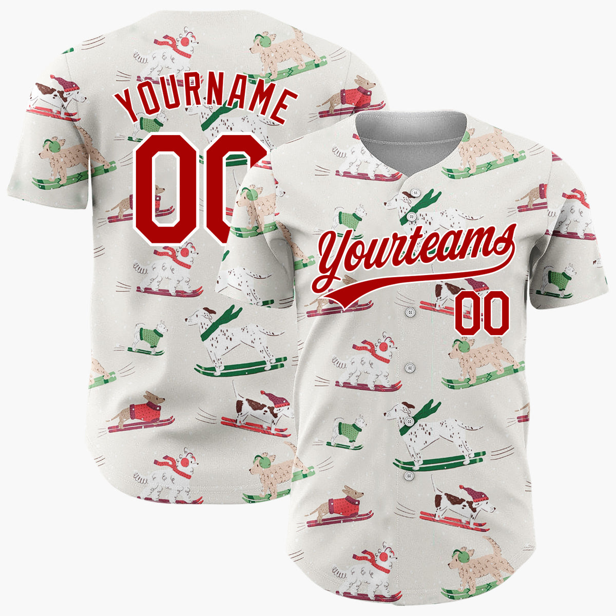 Custom White Dogs Sledding Christmas Cartoon Pattern Christmas Baseball Jersey