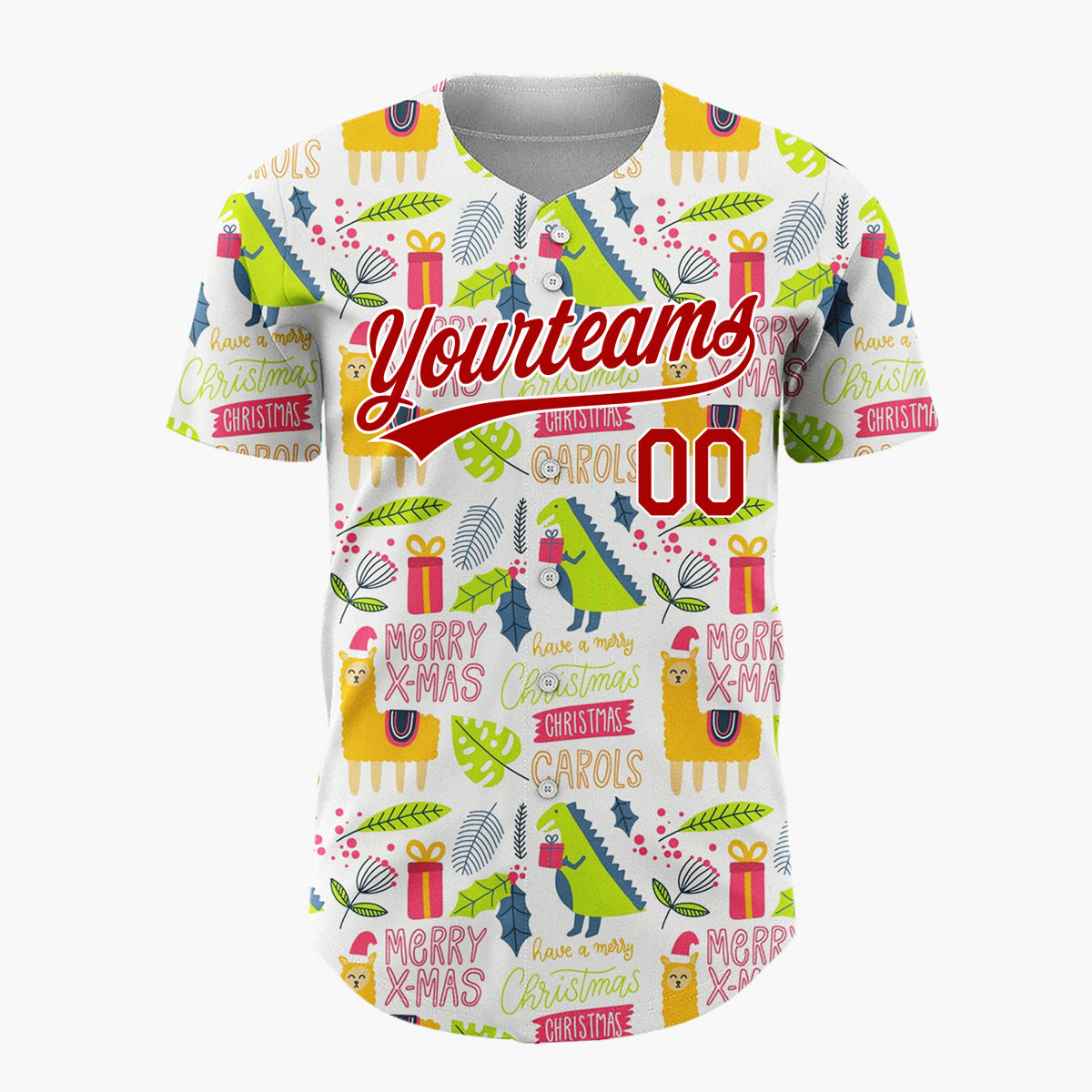 Custom White Orange Green Quirky Llama Dinosaur Christmas Baseball Jersey