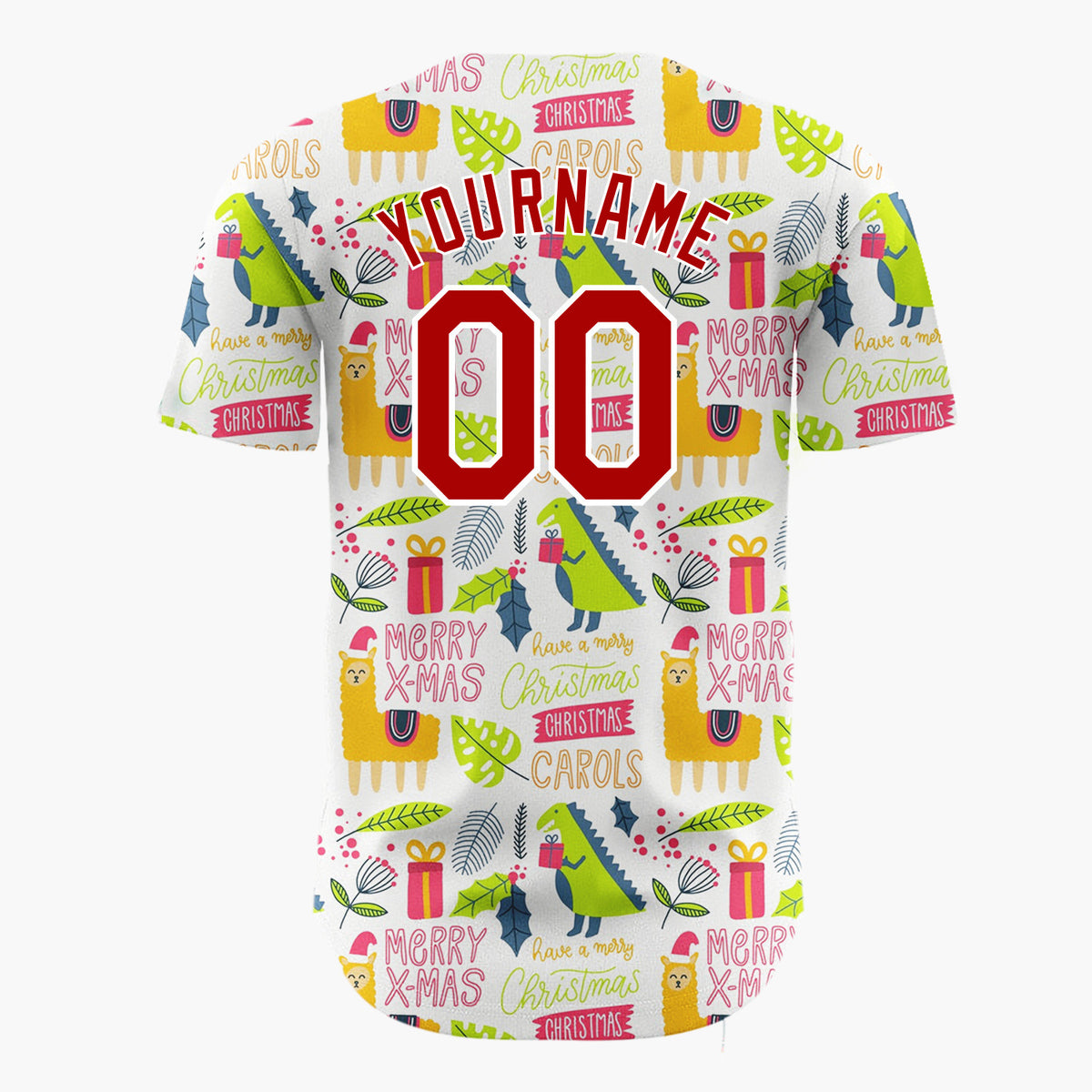 Custom White Orange Green Quirky Llama Dinosaur Christmas Baseball Jersey