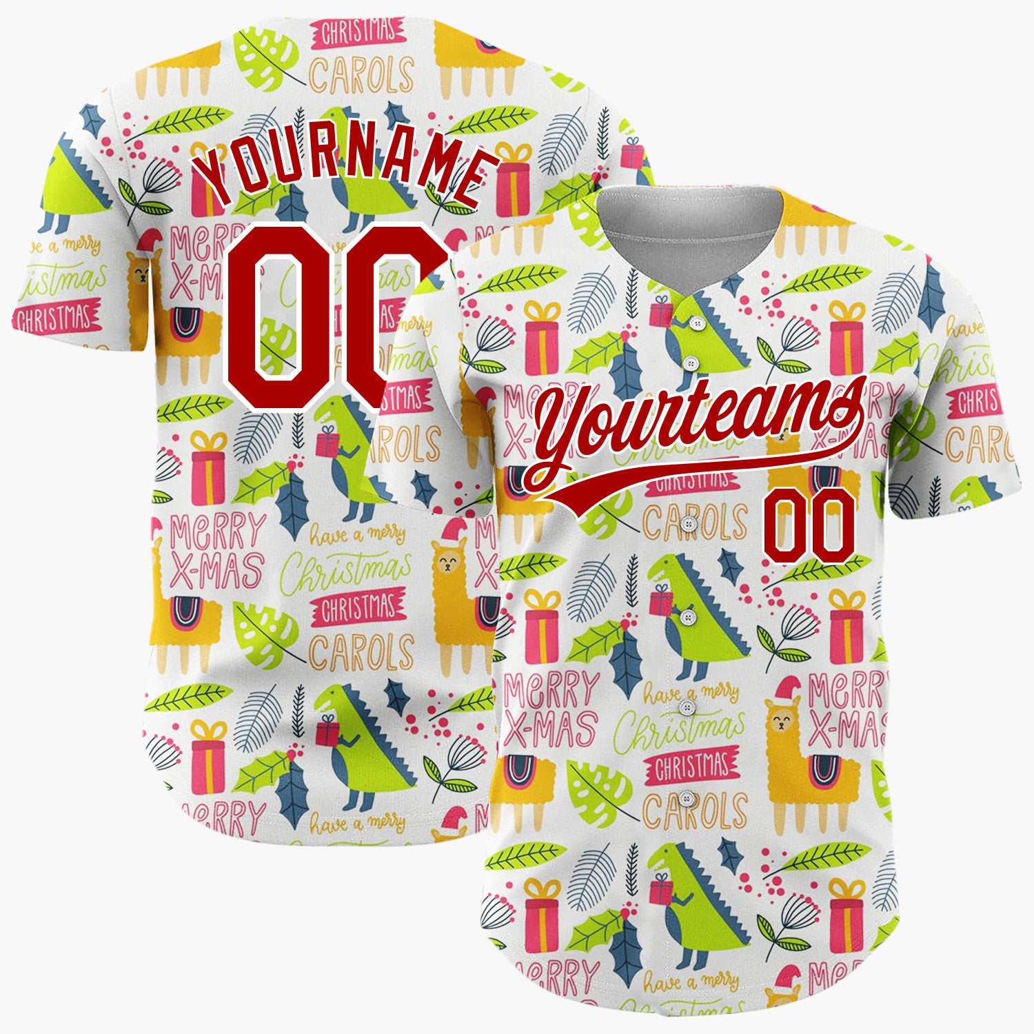 Custom White Orange Green Quirky Llama Dinosaur Christmas Baseball Jersey