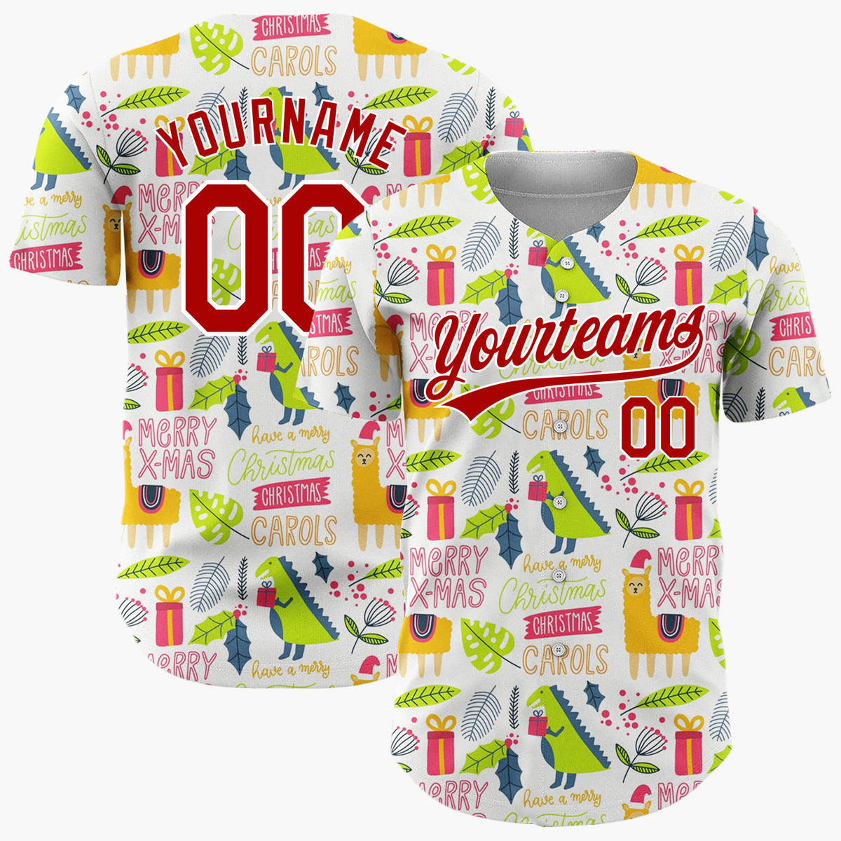 Custom White Orange Green Quirky Llama Dinosaur Christmas Baseball Jersey