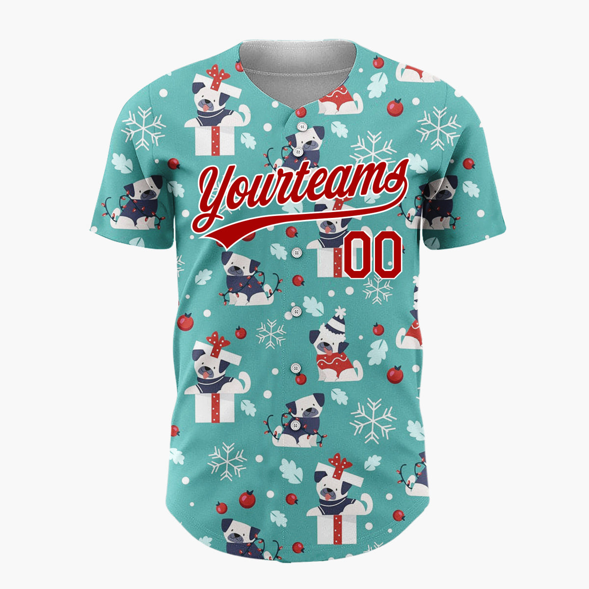 Custom Teal White Pugs In Gift Boxes And Sweaters Funny Christmas Baseball Jersey