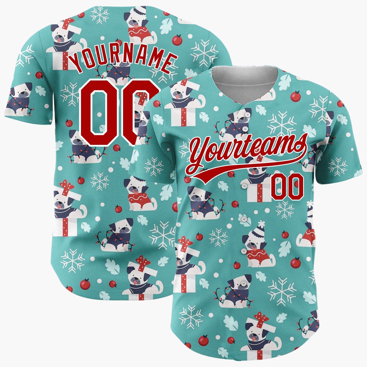 Custom Teal White Pugs In Gift Boxes And Sweaters Funny Christmas Baseball Jersey