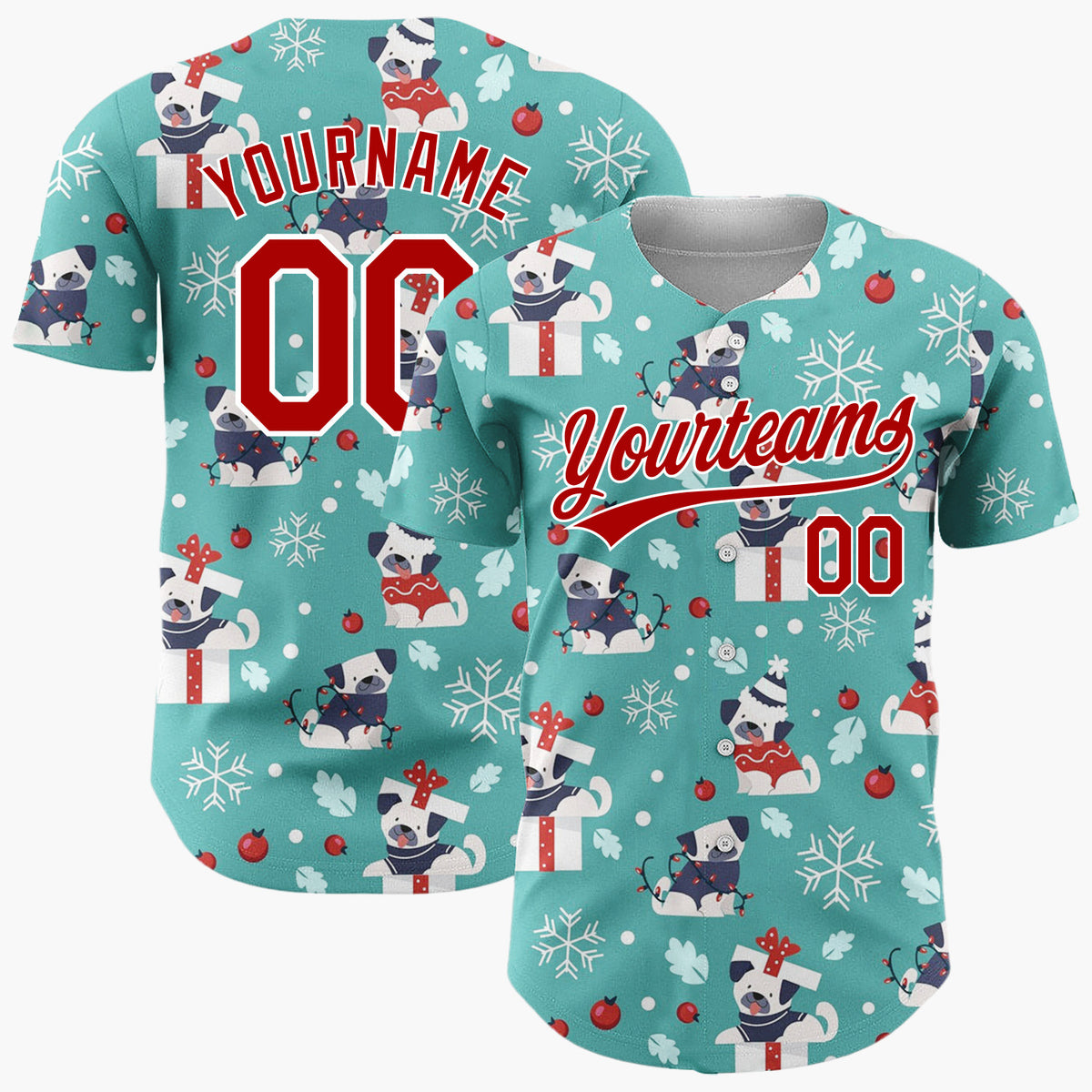 Custom Teal White Pugs In Gift Boxes And Sweaters Funny Christmas Baseball Jersey