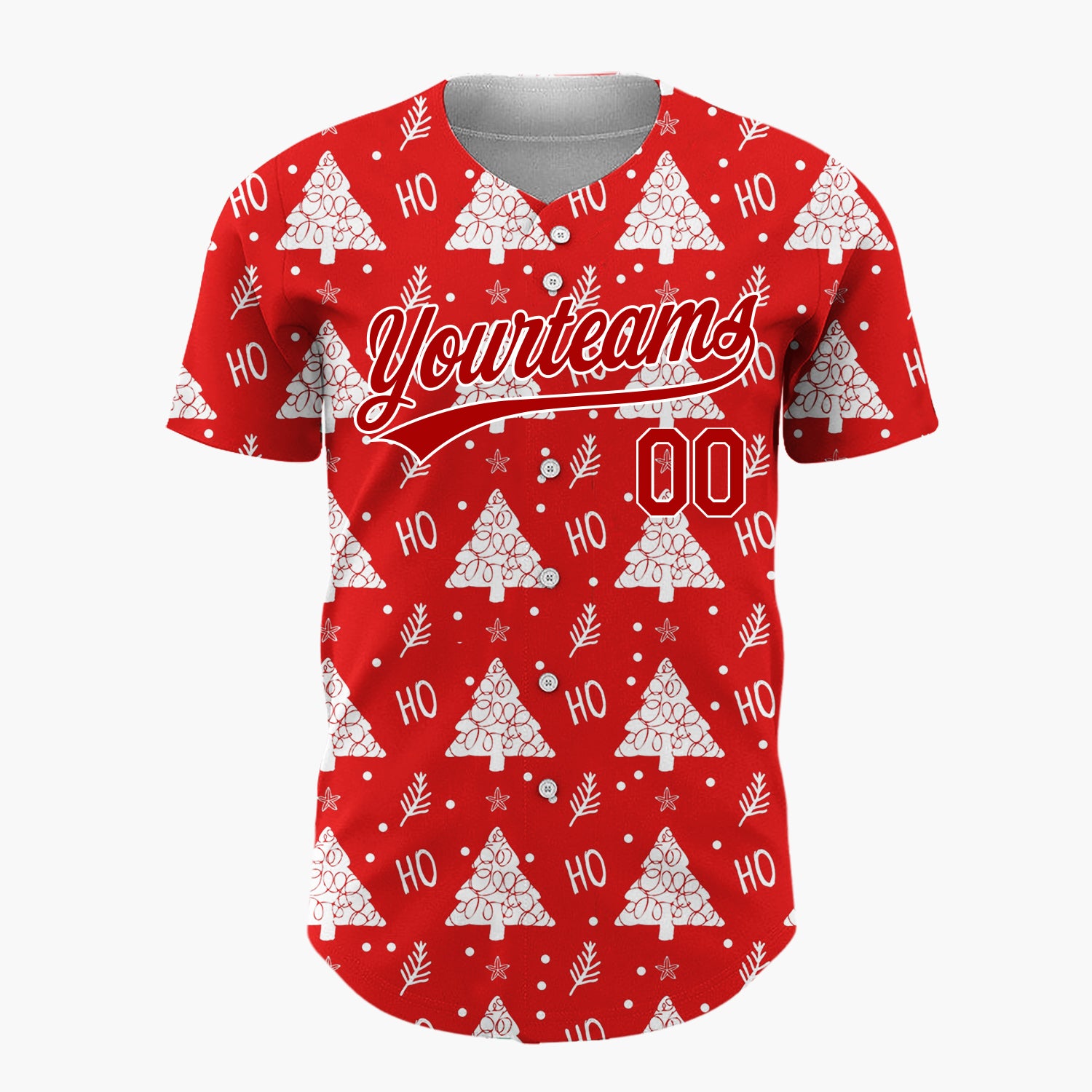 Custom Red White Stylized Trees And Ho Text Fun Pattern Christmas Baseball Jersey