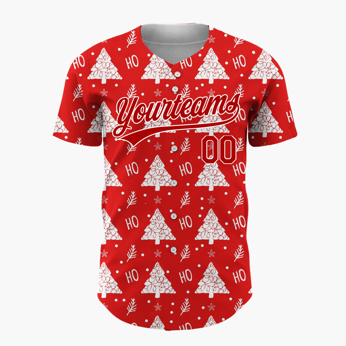 Custom Red White Stylized Trees And Ho Text Fun Pattern Christmas Baseball Jersey