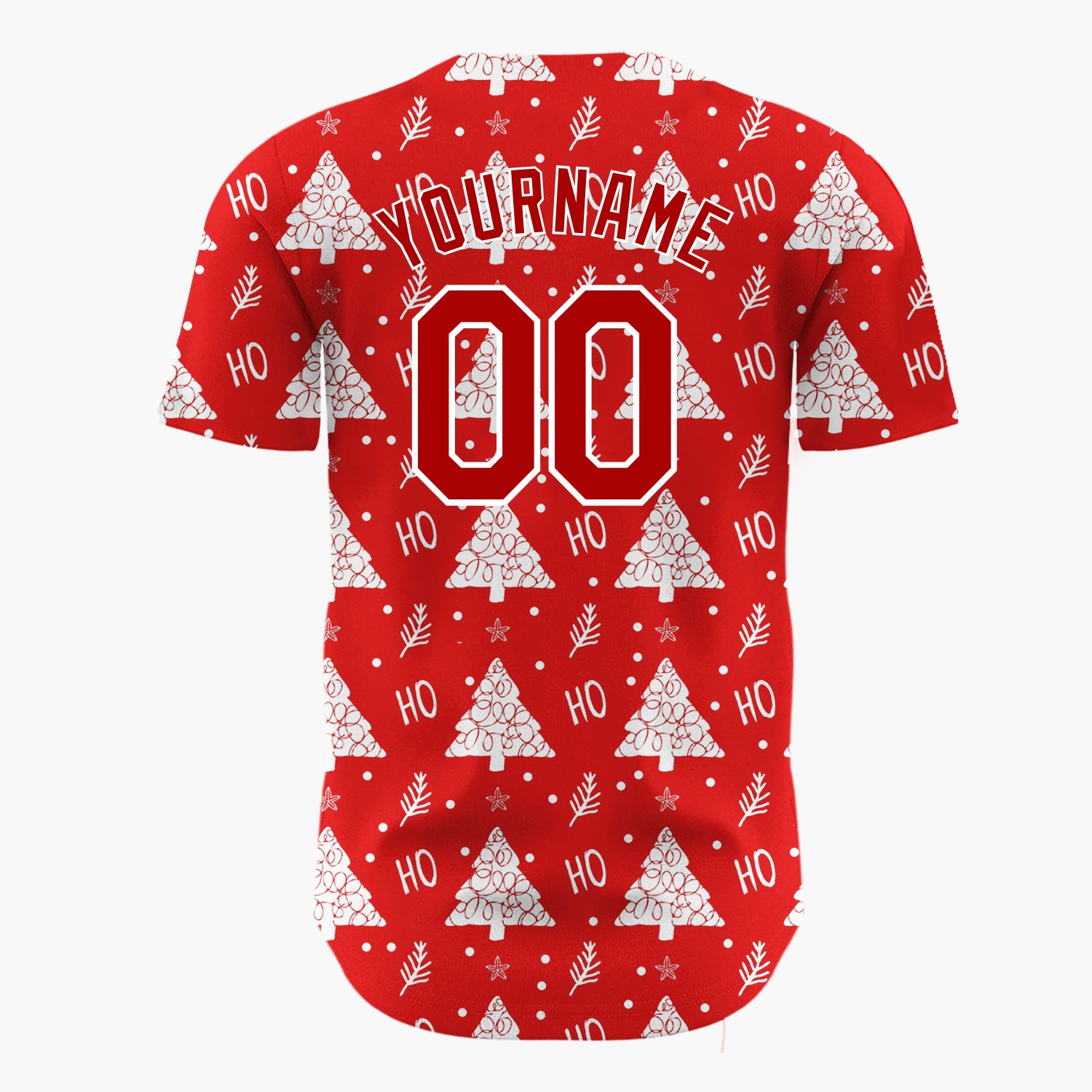 Custom Red White Stylized Trees And Ho Text Fun Pattern Christmas Baseball Jersey