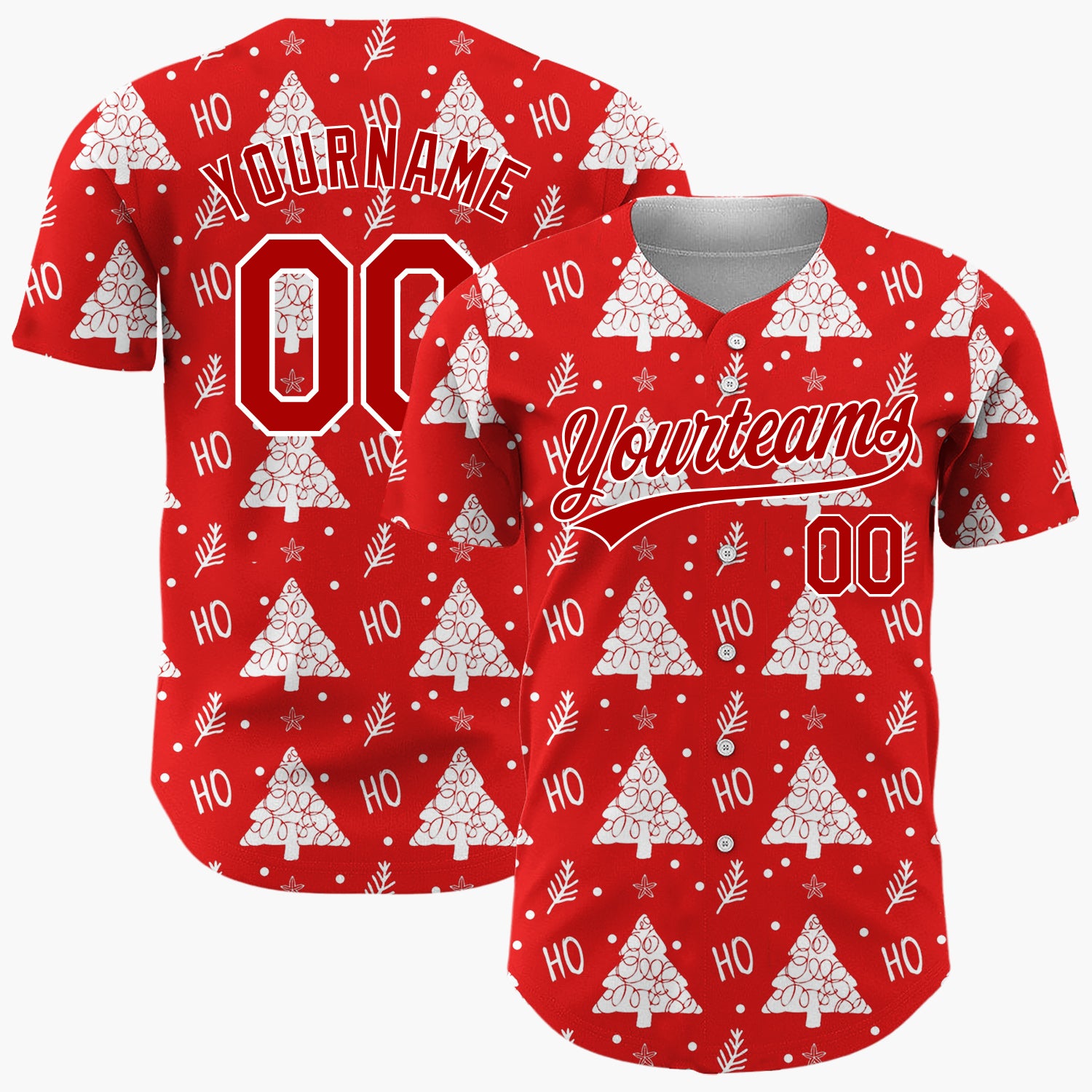 Custom Red White Stylized Trees And Ho Text Fun Pattern Christmas Baseball Jersey