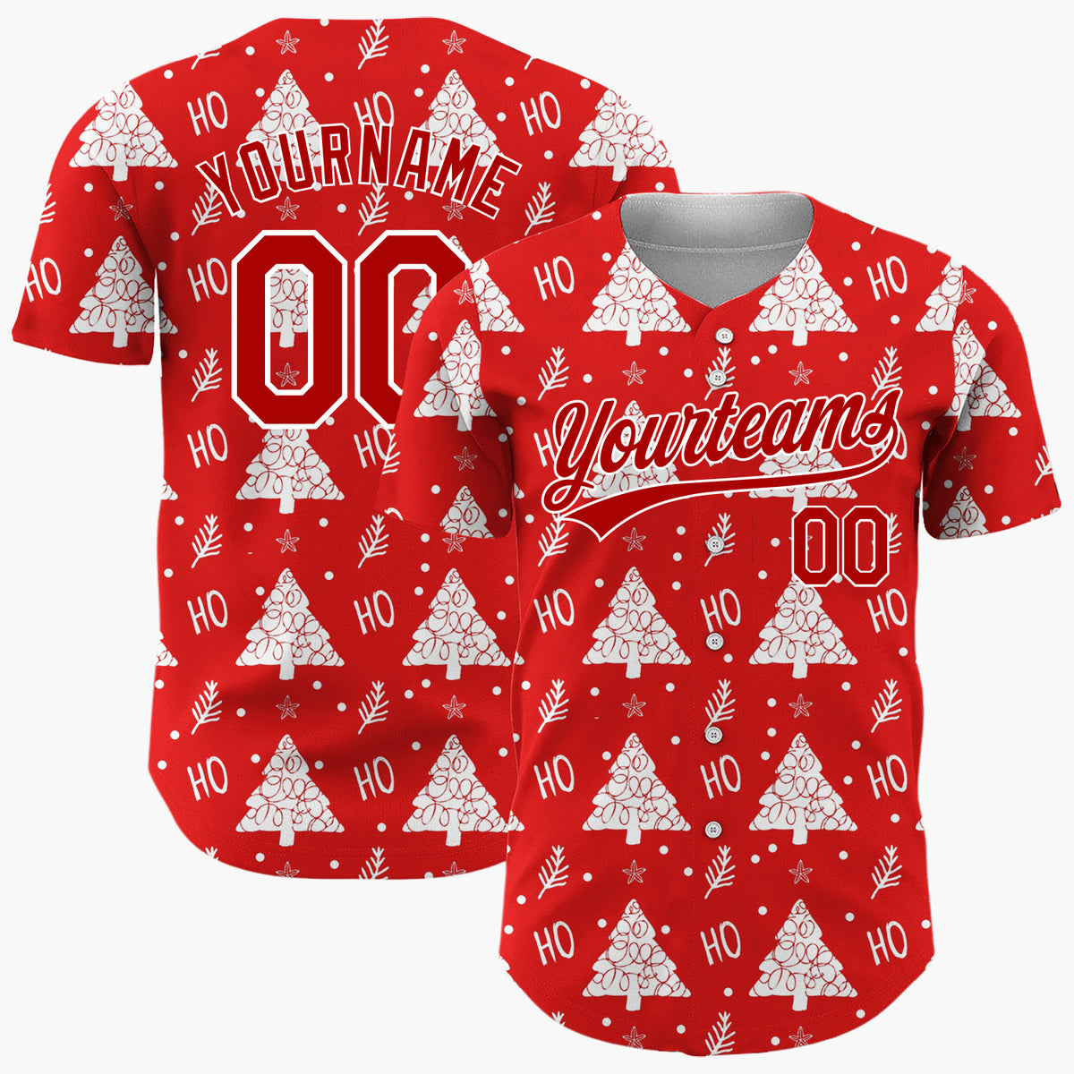 Custom Red White Stylized Trees And Ho Text Fun Pattern Christmas Baseball Jersey