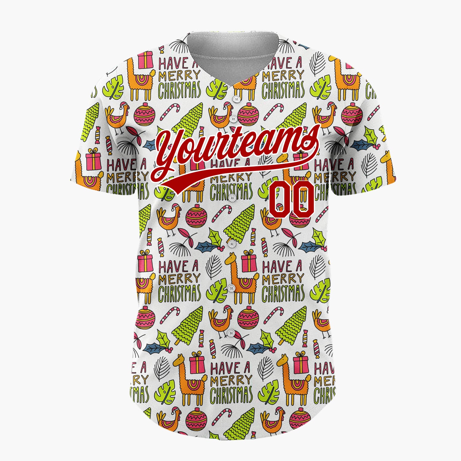 Custom White Green Llamas Trees Merry Christmas Hand Drawn Doodle Pattern Christmas Baseball Jersey