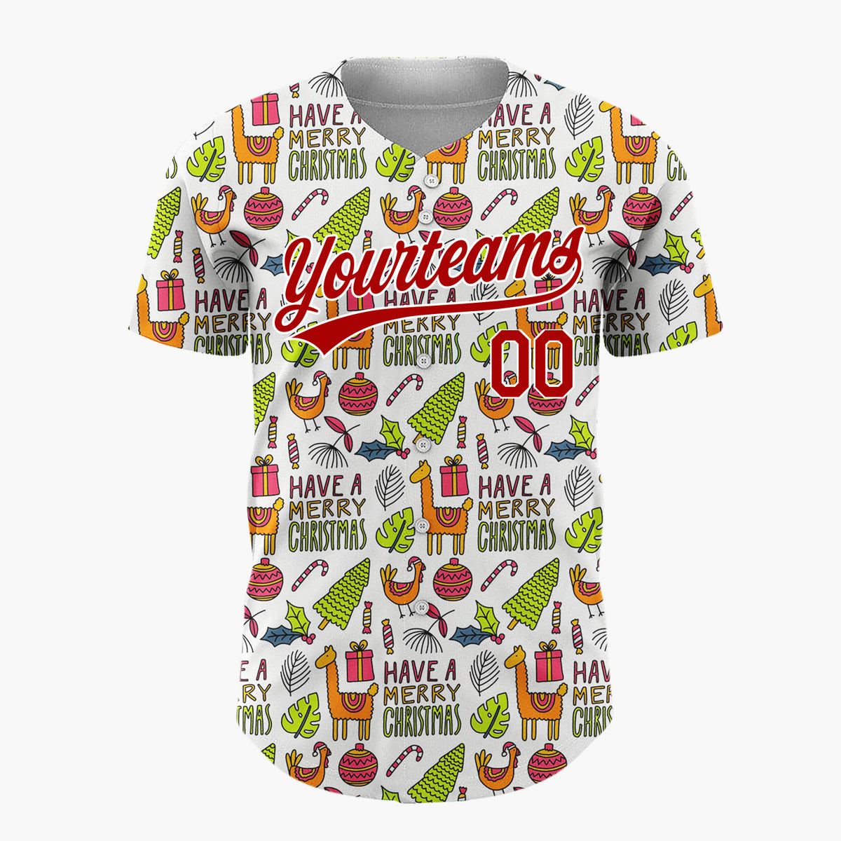 Custom White Green Llamas Trees Merry Christmas Hand Drawn Doodle Pattern Christmas Baseball Jersey