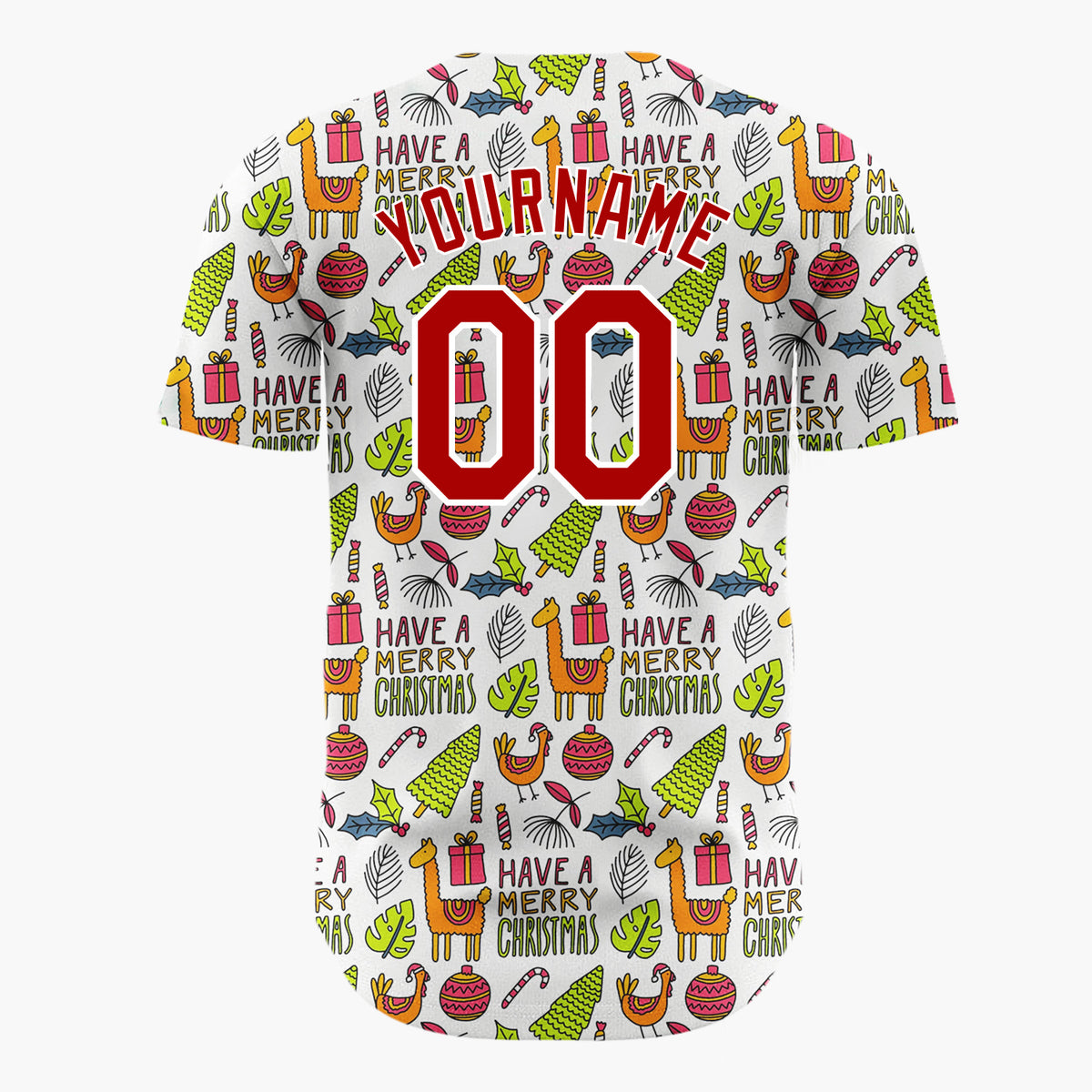 Custom White Green Llamas Trees Merry Christmas Hand Drawn Doodle Pattern Christmas Baseball Jersey
