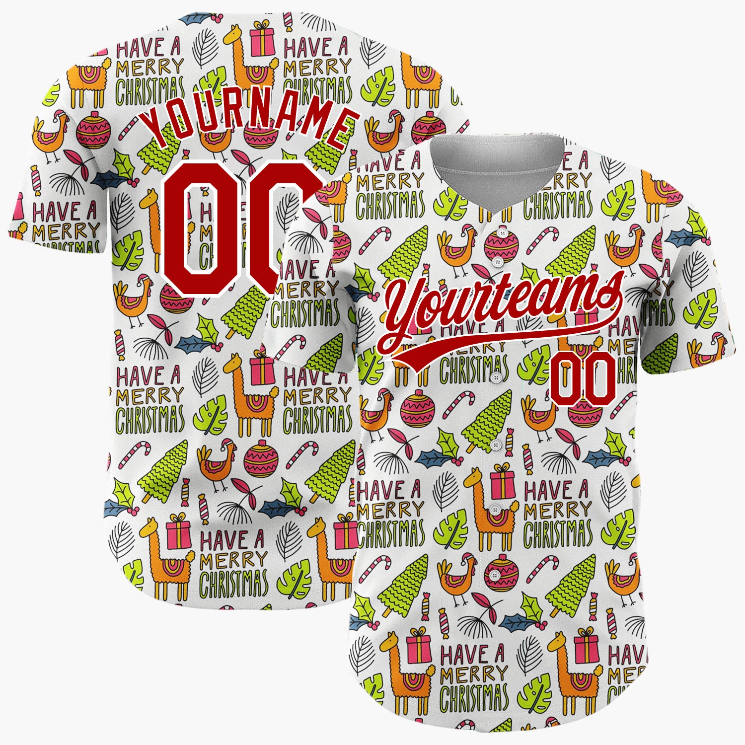 Custom White Green Llamas Trees Merry Christmas Hand Drawn Doodle Pattern Christmas Baseball Jersey
