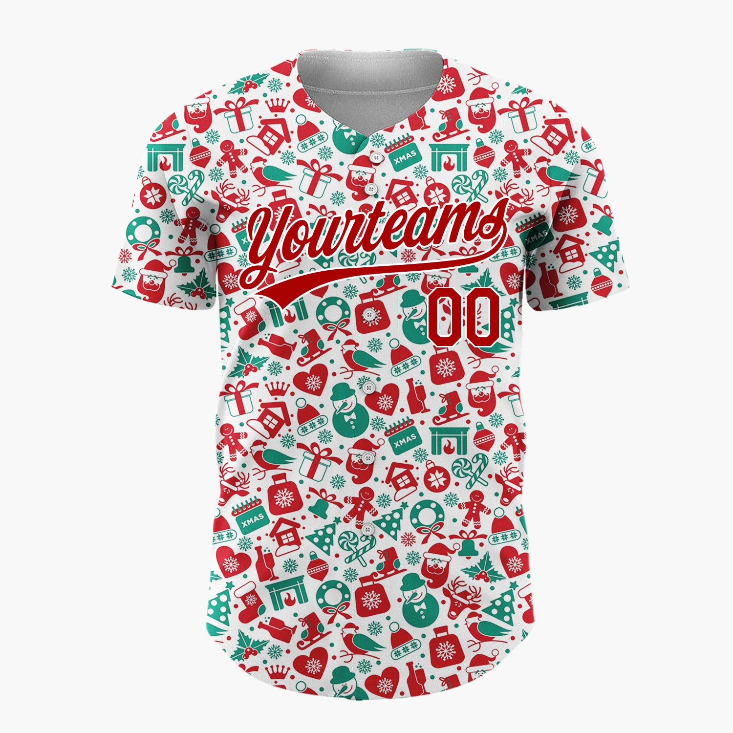 Custom White Red Green Santa Snowmen And Reindeer Cluttered Christmas Icon Pattern Christmas Baseball Jersey