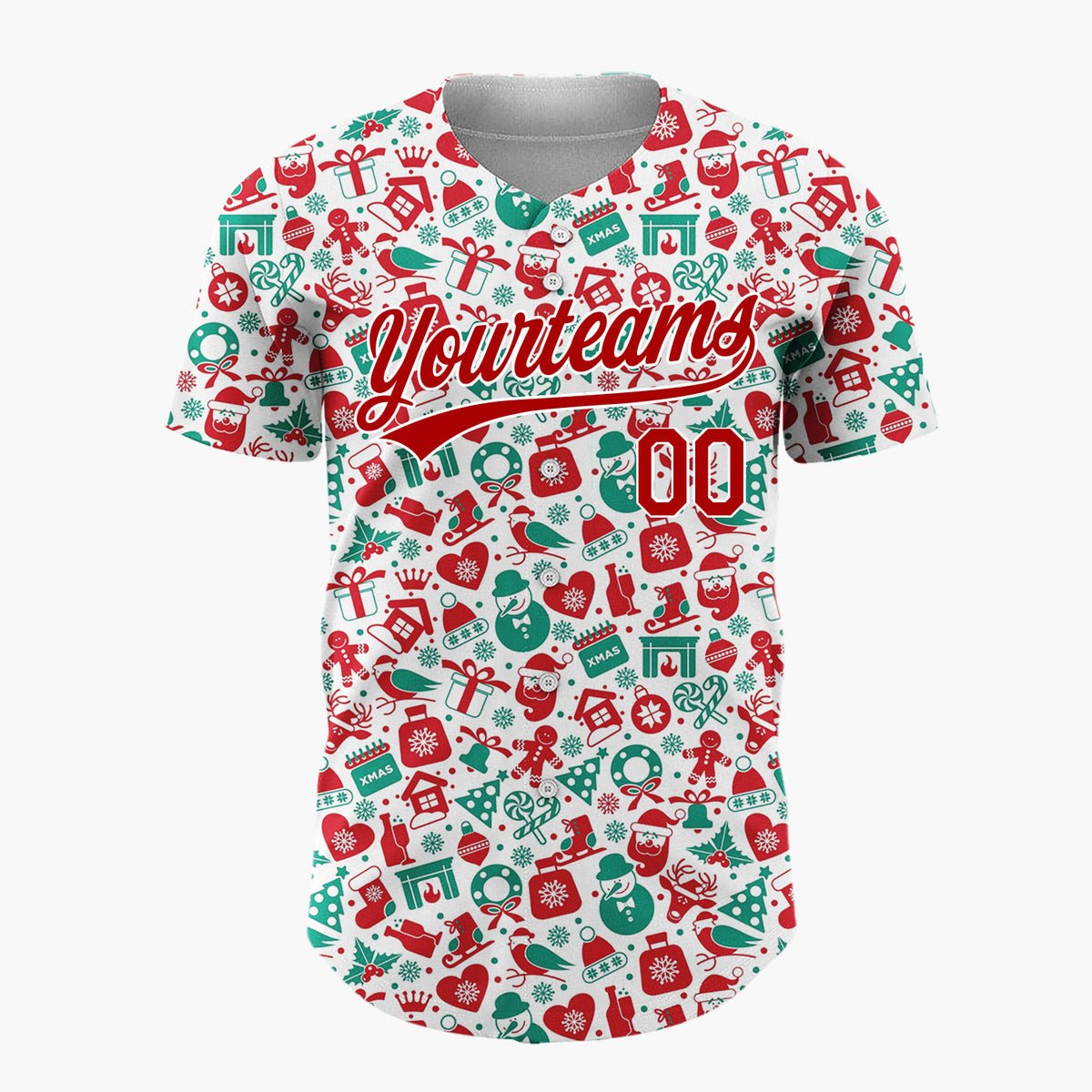 Custom White Red Green Santa Snowmen And Reindeer Cluttered Christmas Icon Pattern Christmas Baseball Jersey