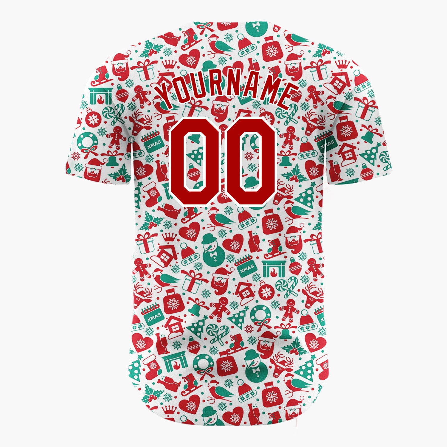 Custom White Red Green Santa Snowmen And Reindeer Cluttered Christmas Icon Pattern Christmas Baseball Jersey