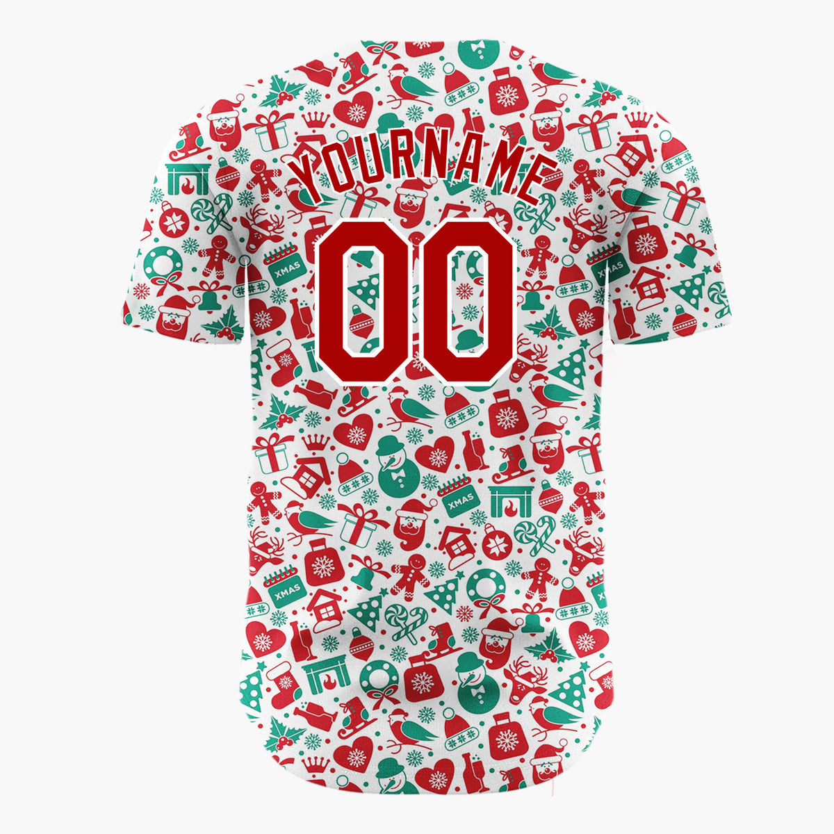 Custom White Red Green Santa Snowmen And Reindeer Cluttered Christmas Icon Pattern Christmas Baseball Jersey