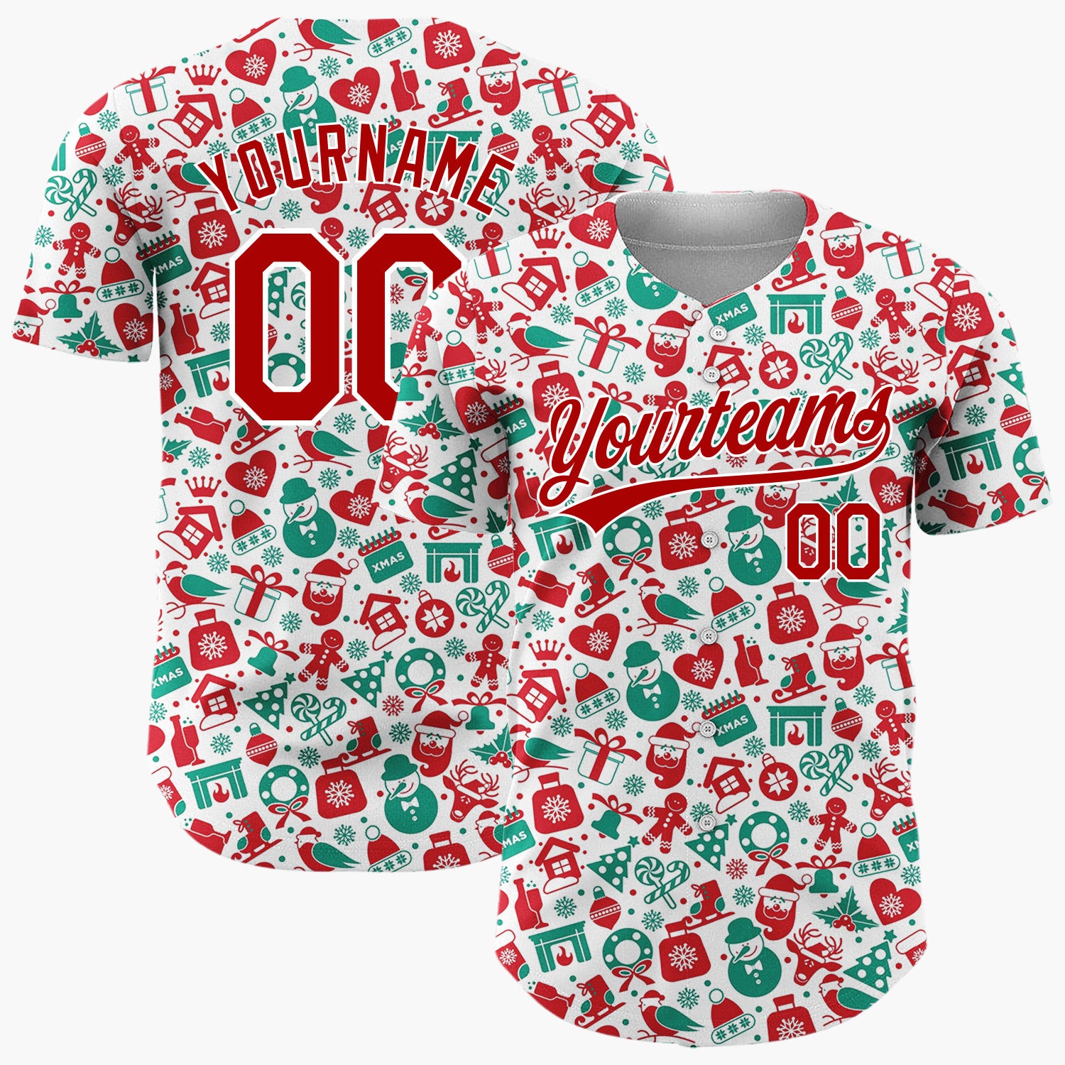 Custom White Red Green Santa Snowmen And Reindeer Cluttered Christmas Icon Pattern Christmas Baseball Jersey