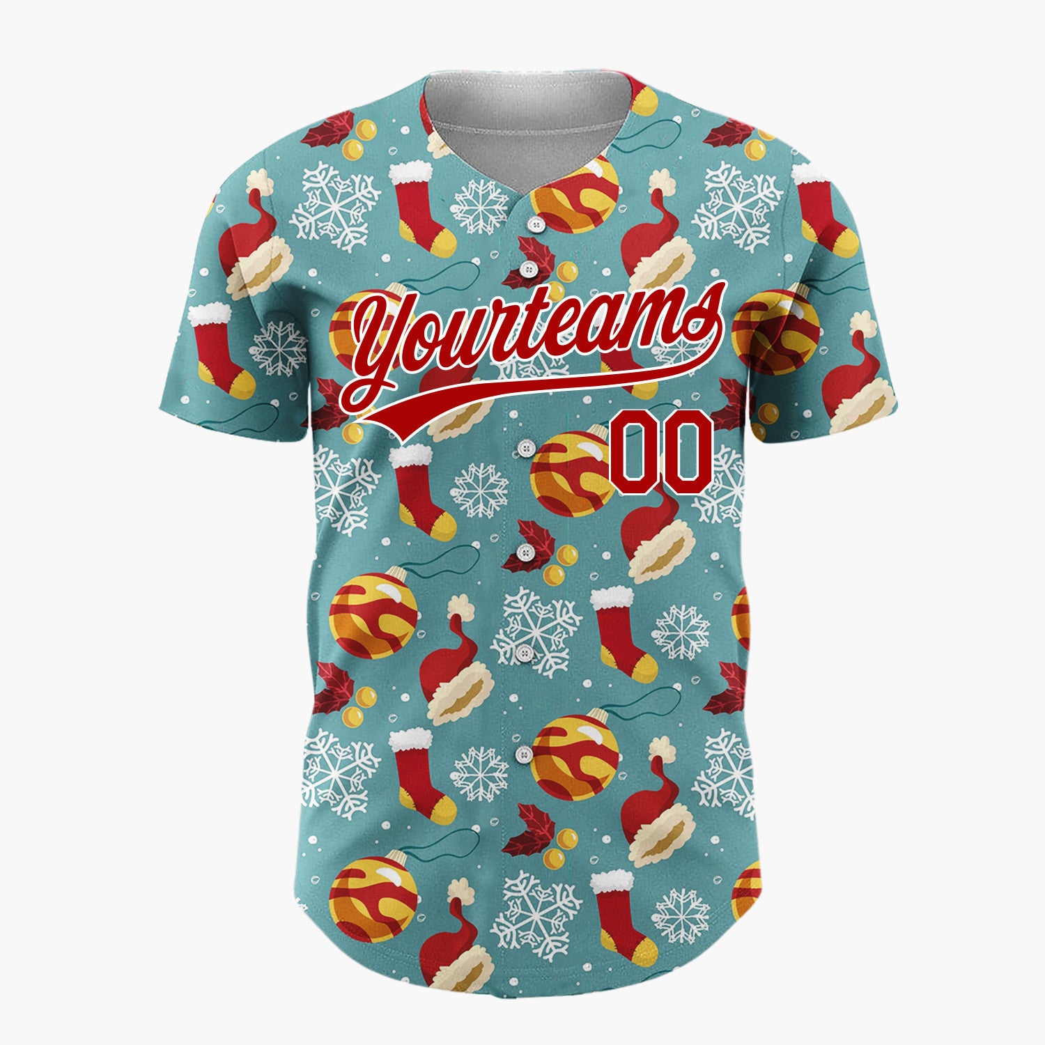 Custom Teal Red Yellow Santa Hats And Baubles Bold Winter Pattern Christmas Baseball Jersey