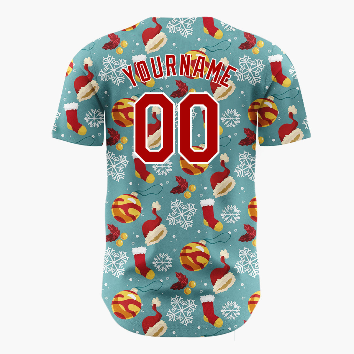 Custom Teal Red Yellow Santa Hats And Baubles Bold Winter Pattern Christmas Baseball Jersey