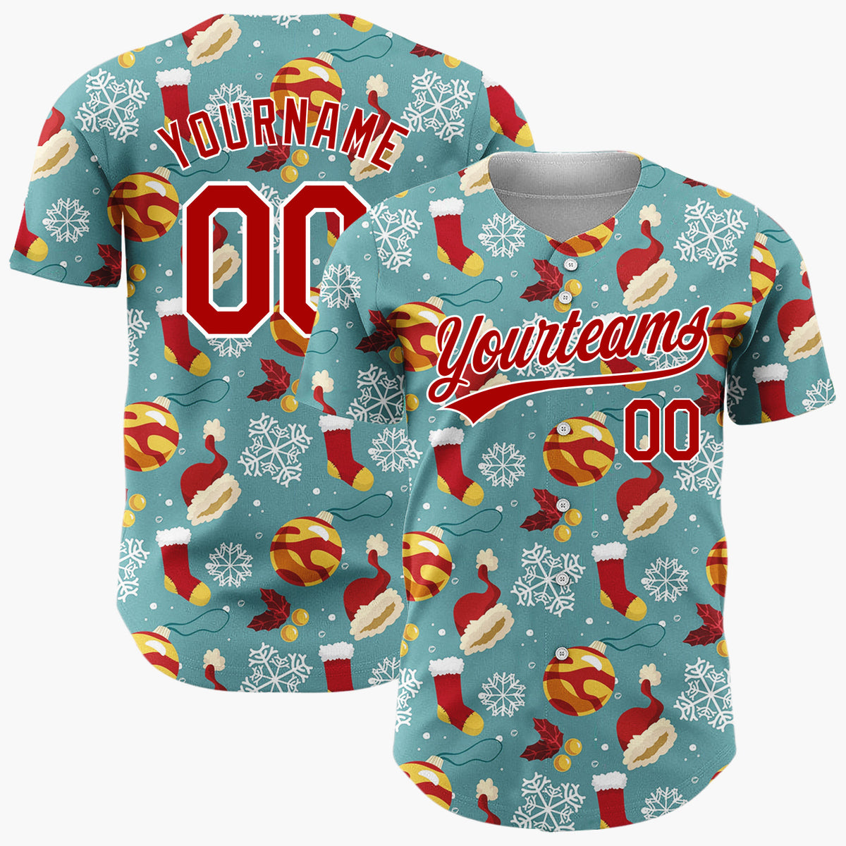 Custom Teal Red Yellow Santa Hats And Baubles Bold Winter Pattern Christmas Baseball Jersey