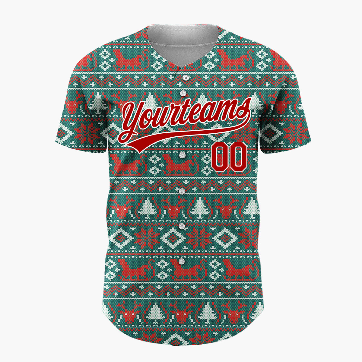 Custom Teal Red White Reindeer And Diamond Nordic Knit Pattern Christmas Baseball Jersey