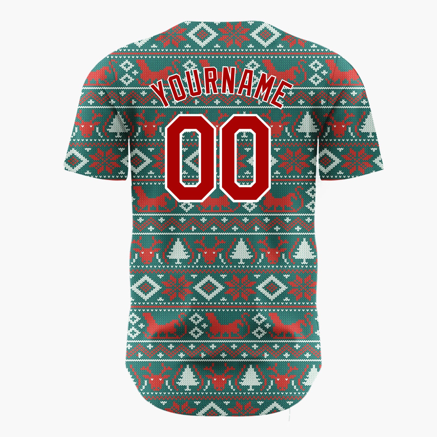 Custom Teal Red White Reindeer And Diamond Nordic Knit Pattern Christmas Baseball Jersey