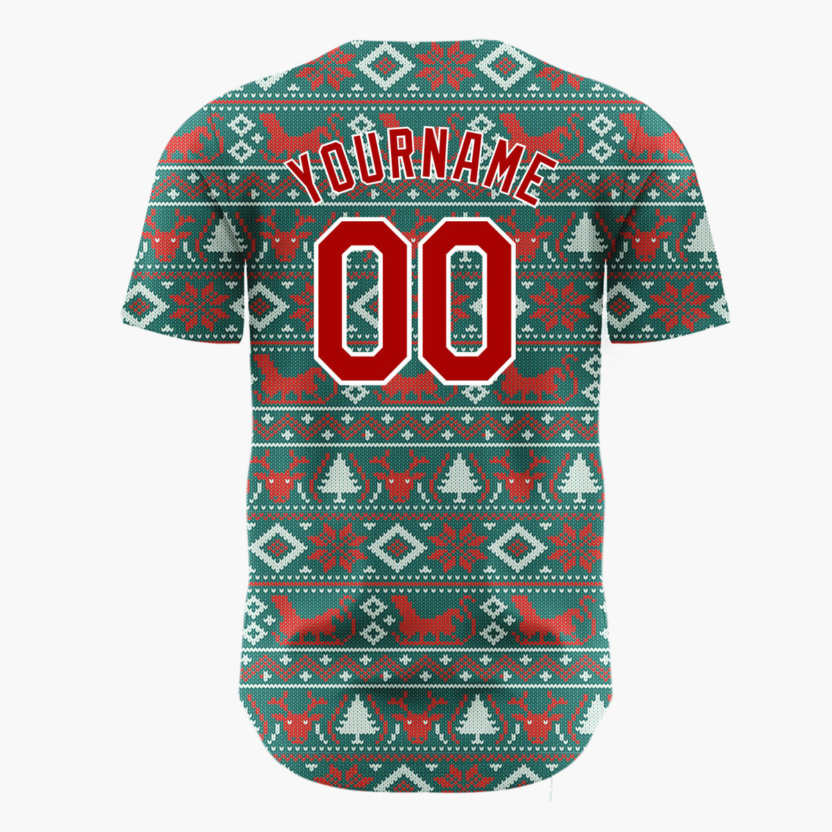 Custom Teal Red White Reindeer And Diamond Nordic Knit Pattern Christmas Baseball Jersey