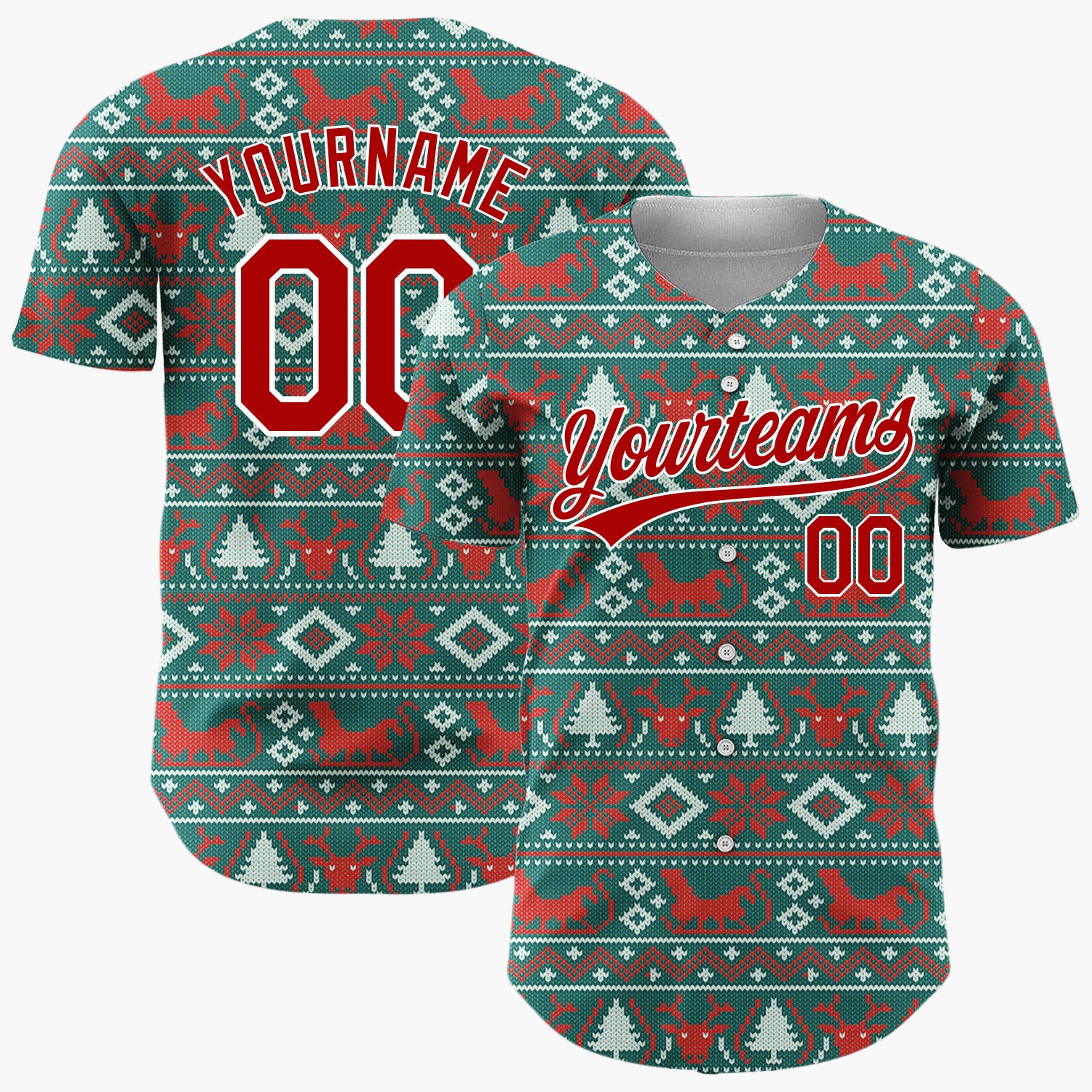 Custom Teal Red White Reindeer And Diamond Nordic Knit Pattern Christmas Baseball Jersey