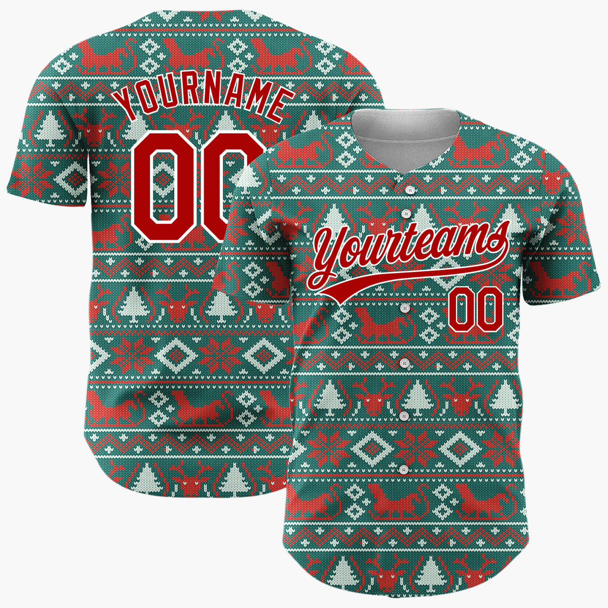 Custom Teal Red White Reindeer And Diamond Nordic Knit Pattern Christmas Baseball Jersey