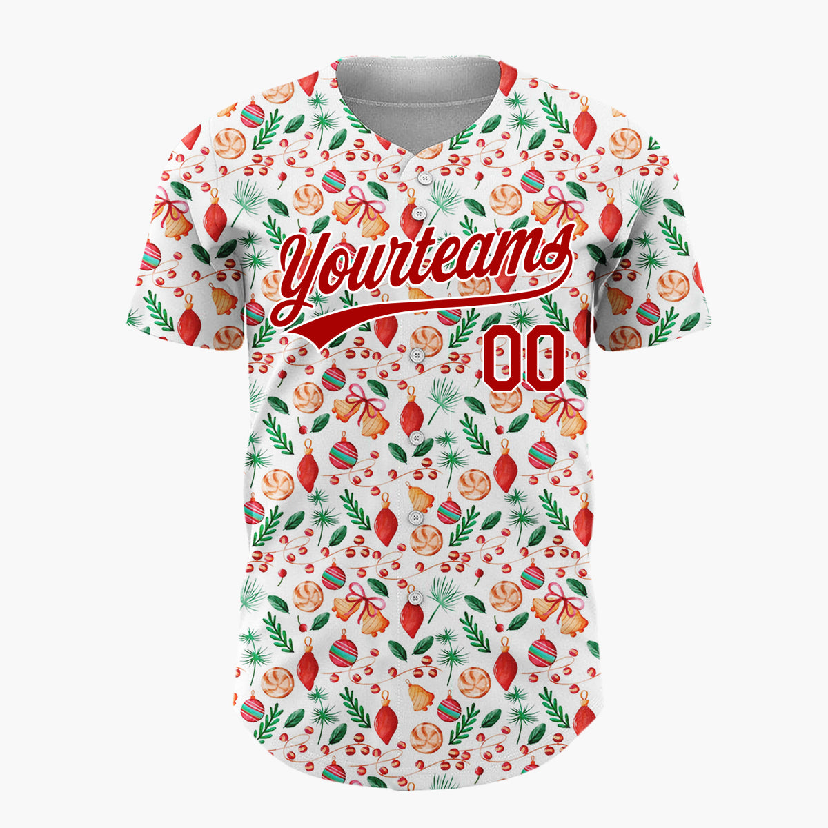 Custom White Christmas Lights And Baubles Colorful Cartoon Pattern Christmas Baseball Jersey