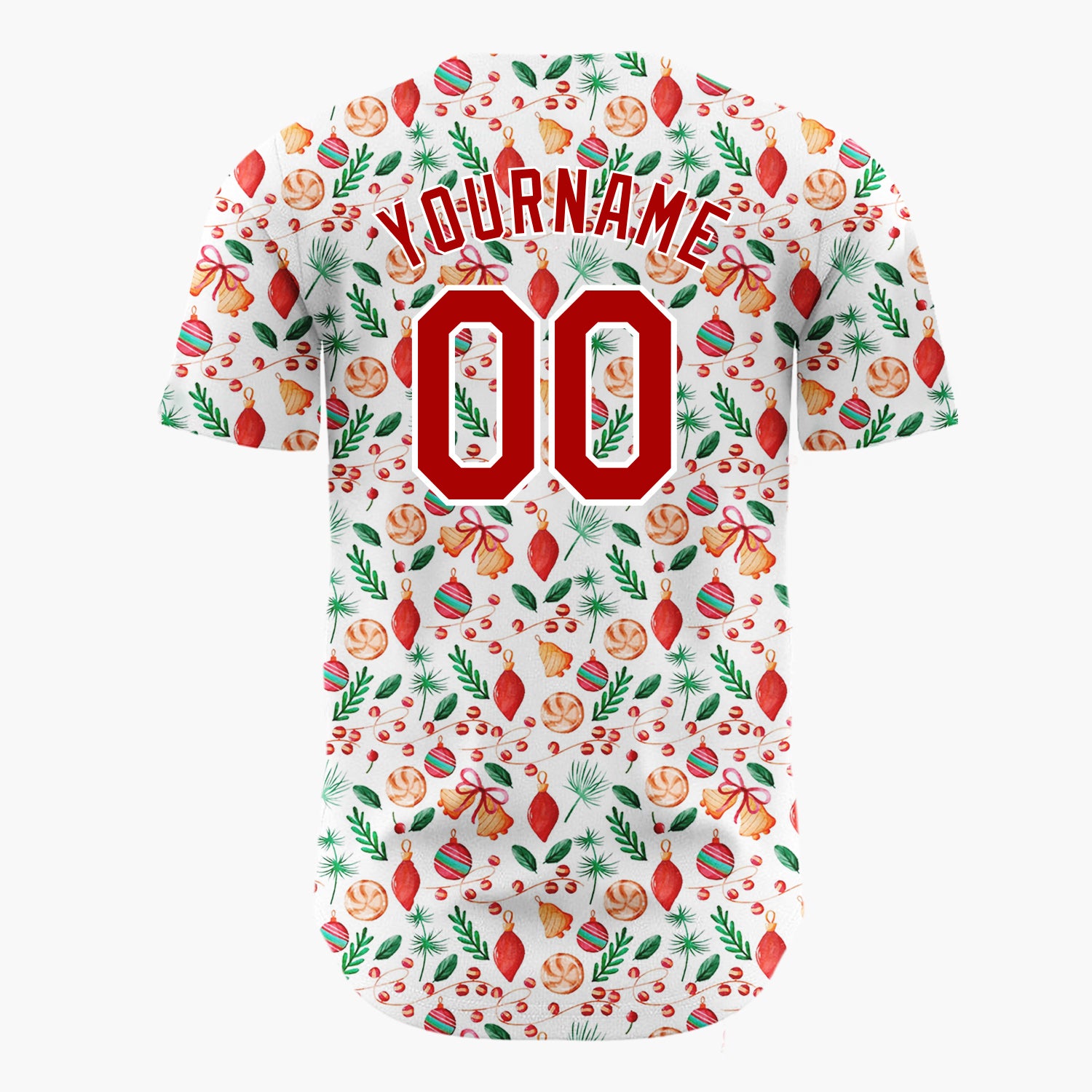 Custom White Christmas Lights And Baubles Colorful Cartoon Pattern Christmas Baseball Jersey
