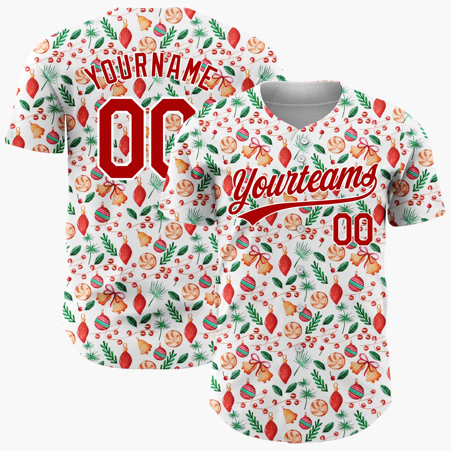 Custom White Christmas Lights And Baubles Colorful Cartoon Pattern Christmas Baseball Jersey