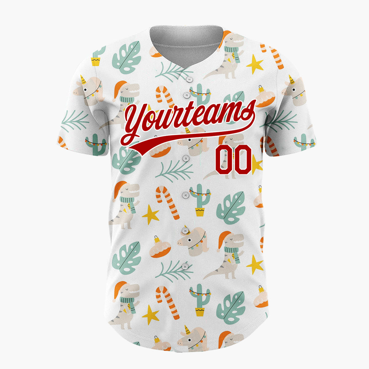Custom White Orange Dinosaurs Cactus And Candy Canes Cute Xmas Pattern Christmas Baseball Jersey