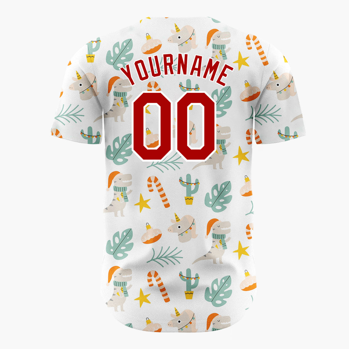 Custom White Orange Dinosaurs Cactus And Candy Canes Cute Xmas Pattern Christmas Baseball Jersey