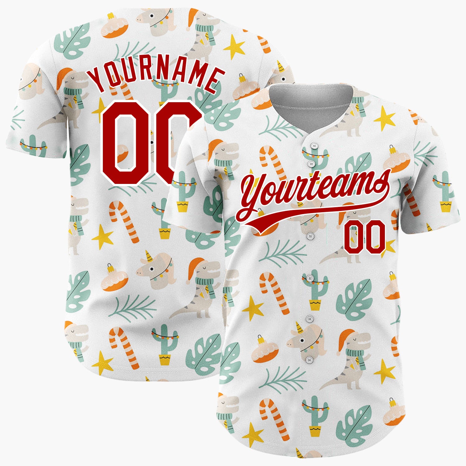 Custom White Orange Dinosaurs Cactus And Candy Canes Cute Xmas Pattern Christmas Baseball Jersey