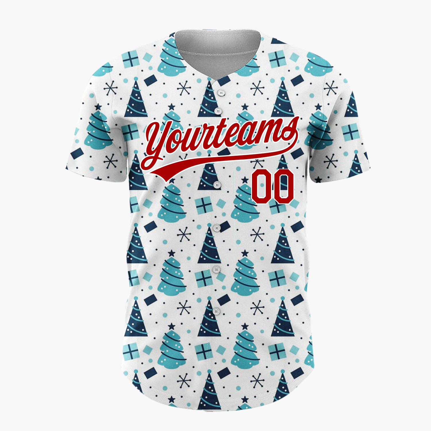 Custom White Blue Geometric Trees Gifts And Snowflakes Christmas Baseball Jersey