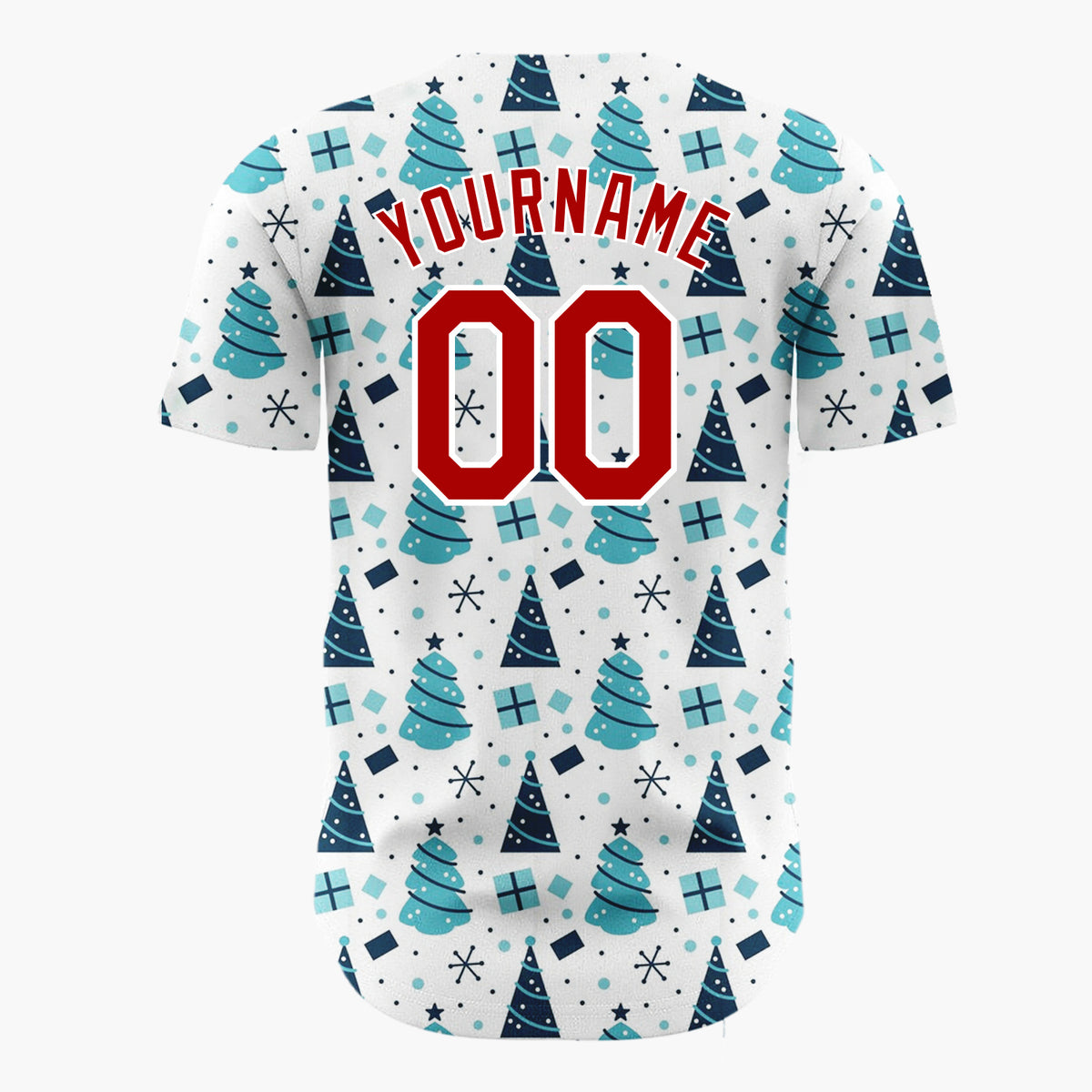Custom White Blue Geometric Trees Gifts And Snowflakes Christmas Baseball Jersey