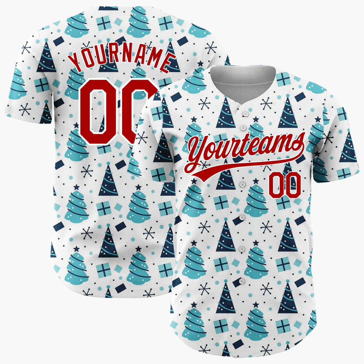 Custom White Blue Geometric Trees Gifts And Snowflakes Christmas Baseball Jersey
