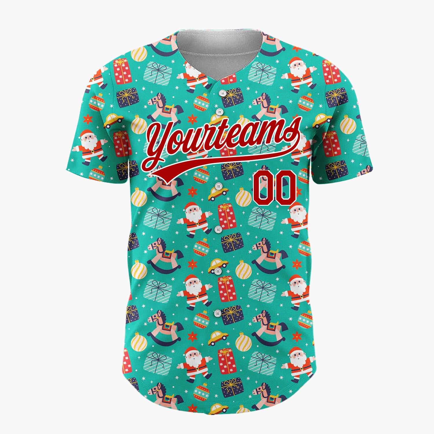 Custom Teal Santa Toys And Gifts Vibrant Christmas Baseball Jersey