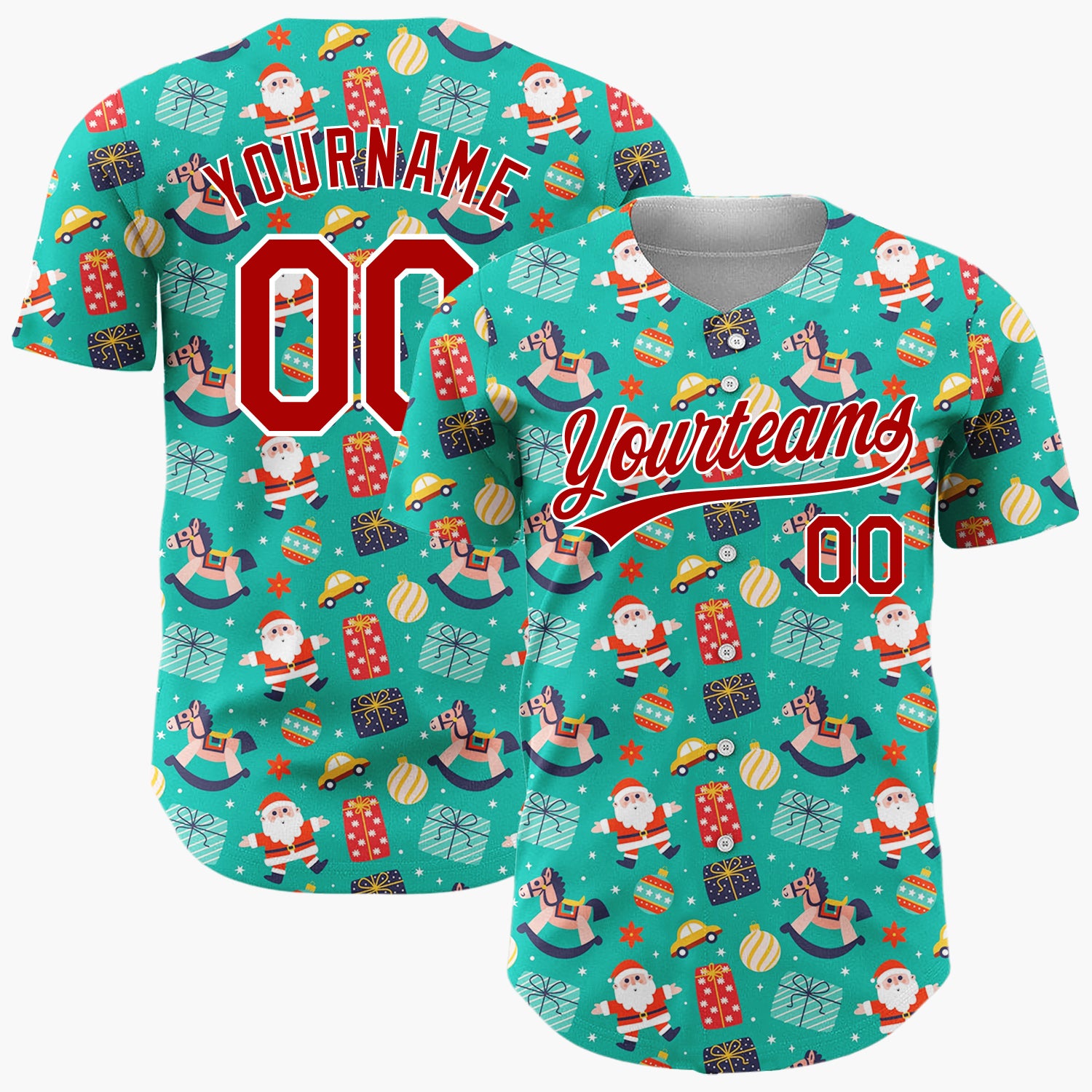 Custom Teal Santa Toys And Gifts Vibrant Christmas Baseball Jersey