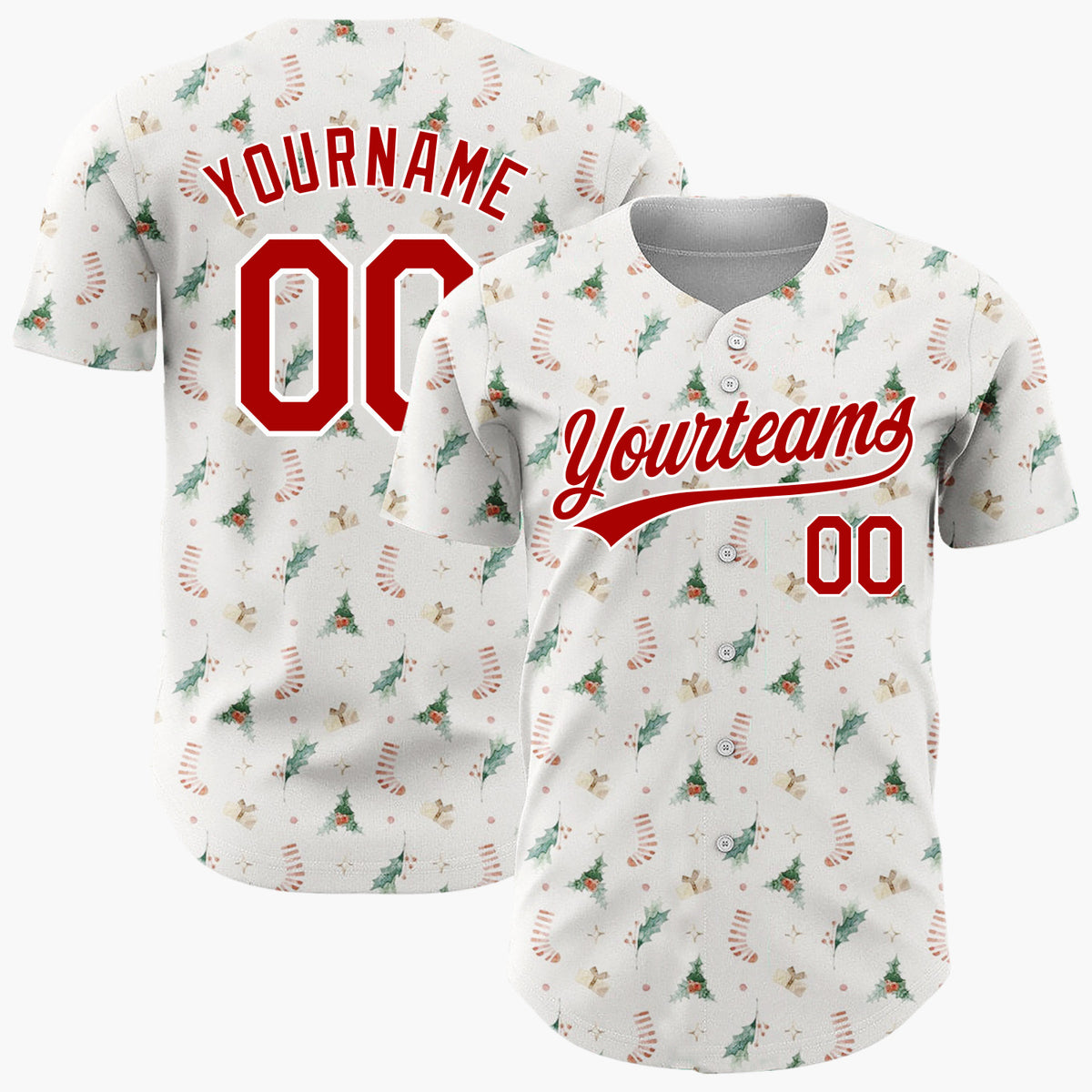 Custom White Christmas Trees Candy Canes Cartoon Pattern Christmas Baseball Jersey