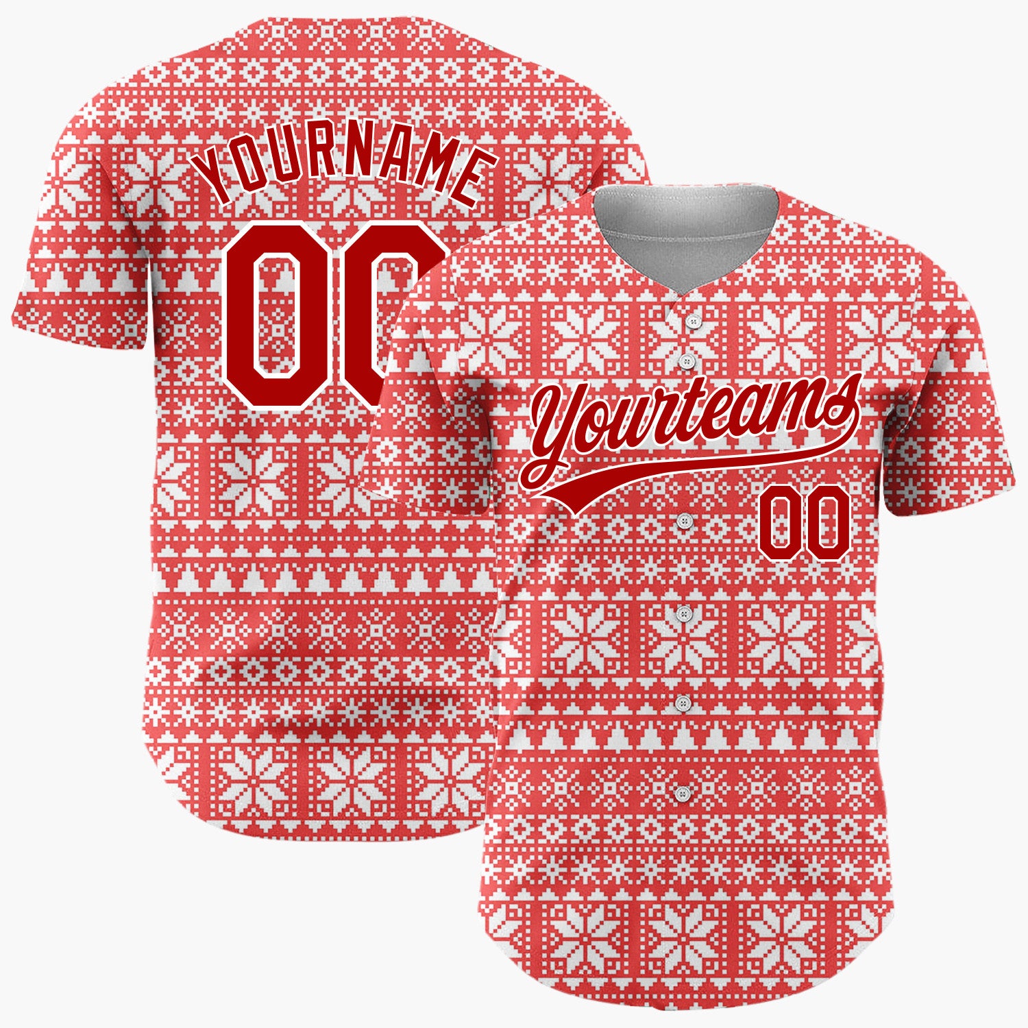 Custom Red White Trees And Snowflakes Scandinavian Knit Christmas Baseball Jersey