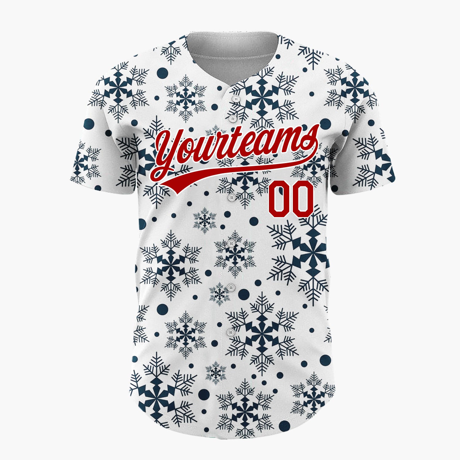 Custom White Dark Blue Intricate Snowflakes Repeat Pattern Christmas Baseball Jersey