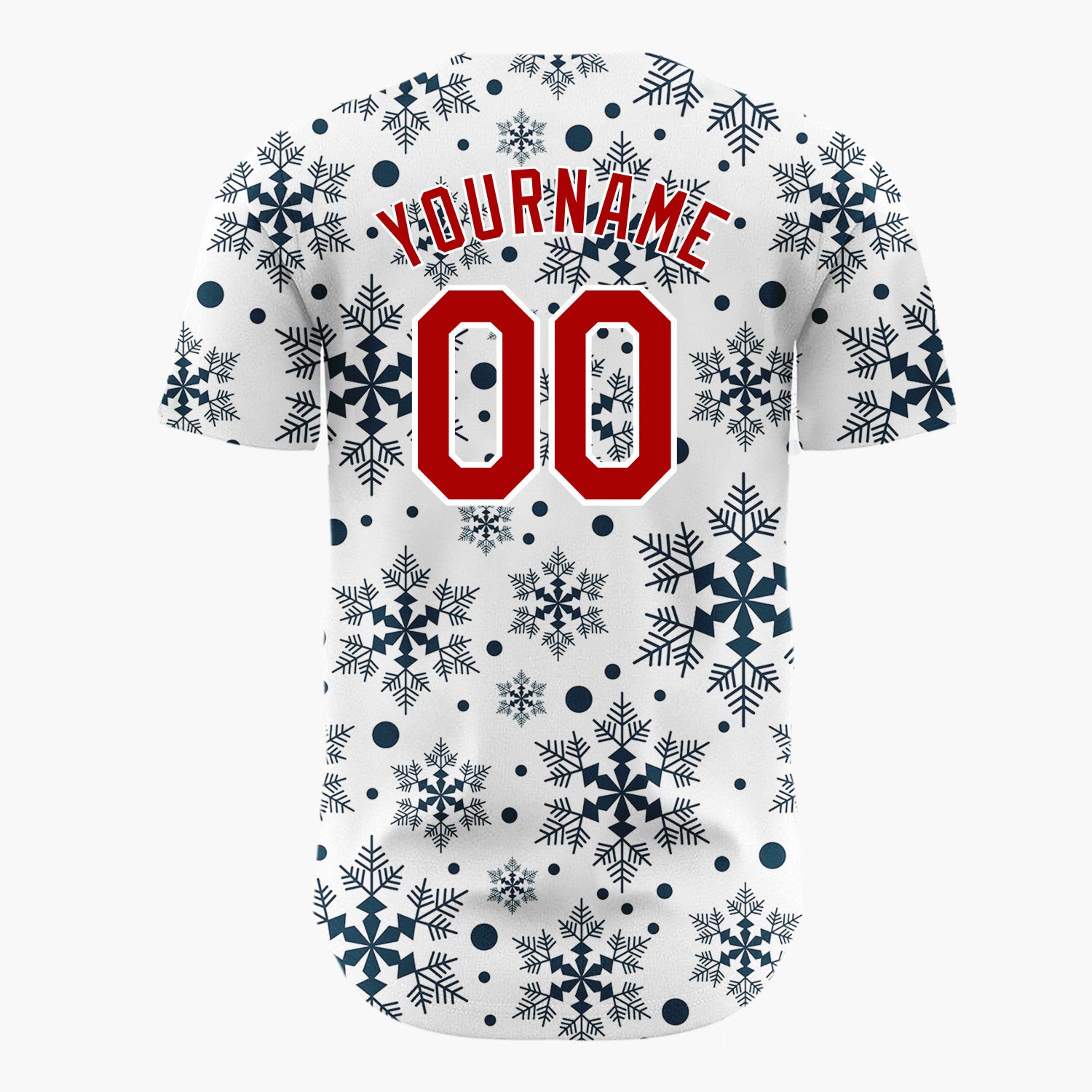 Custom White Dark Blue Intricate Snowflakes Repeat Pattern Christmas Baseball Jersey