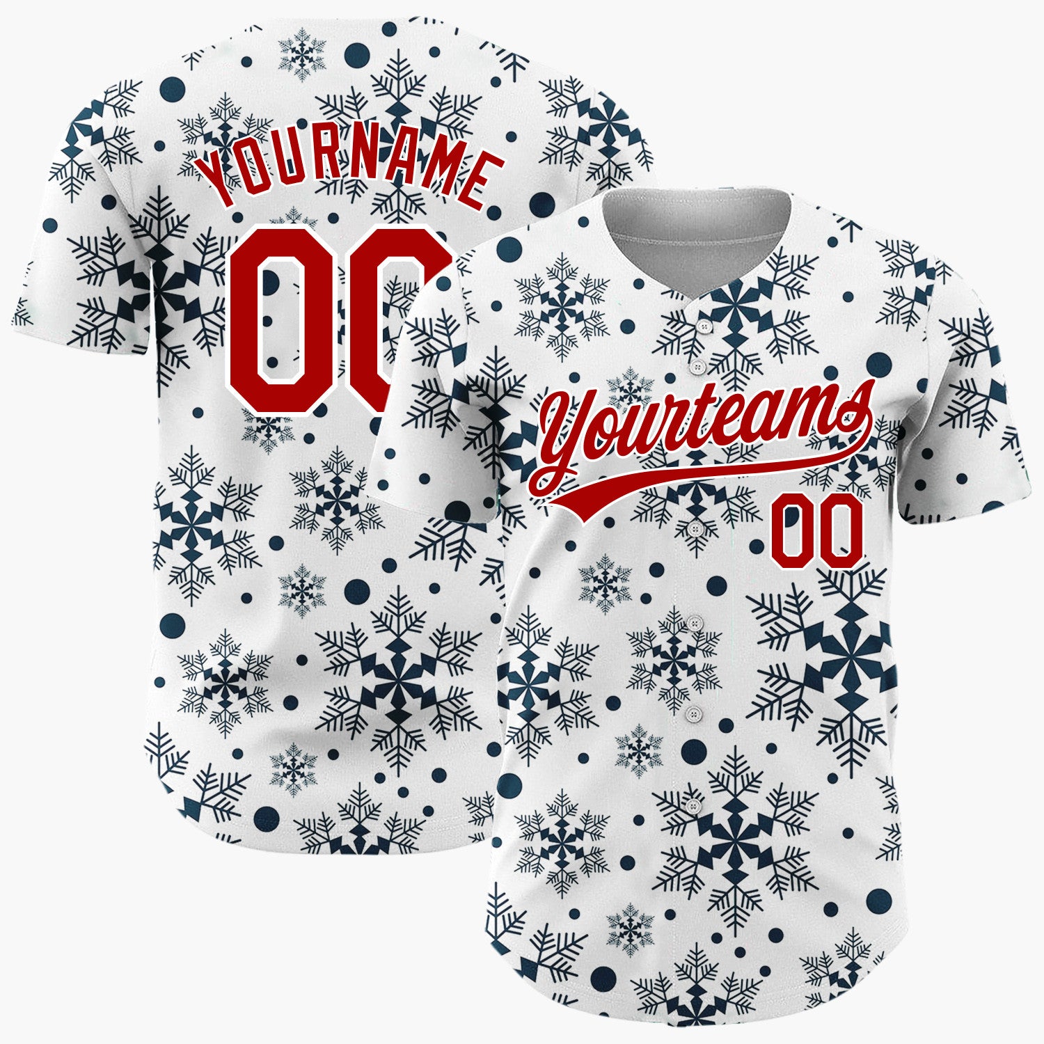 Custom White Dark Blue Intricate Snowflakes Repeat Pattern Christmas Baseball Jersey
