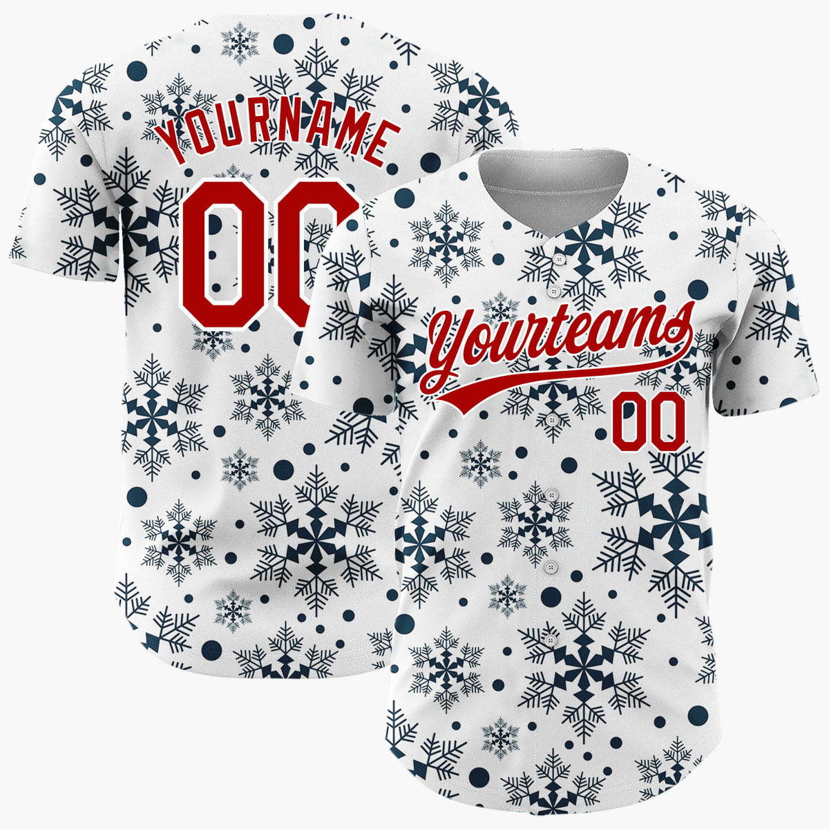 Custom White Dark Blue Intricate Snowflakes Repeat Pattern Christmas Baseball Jersey