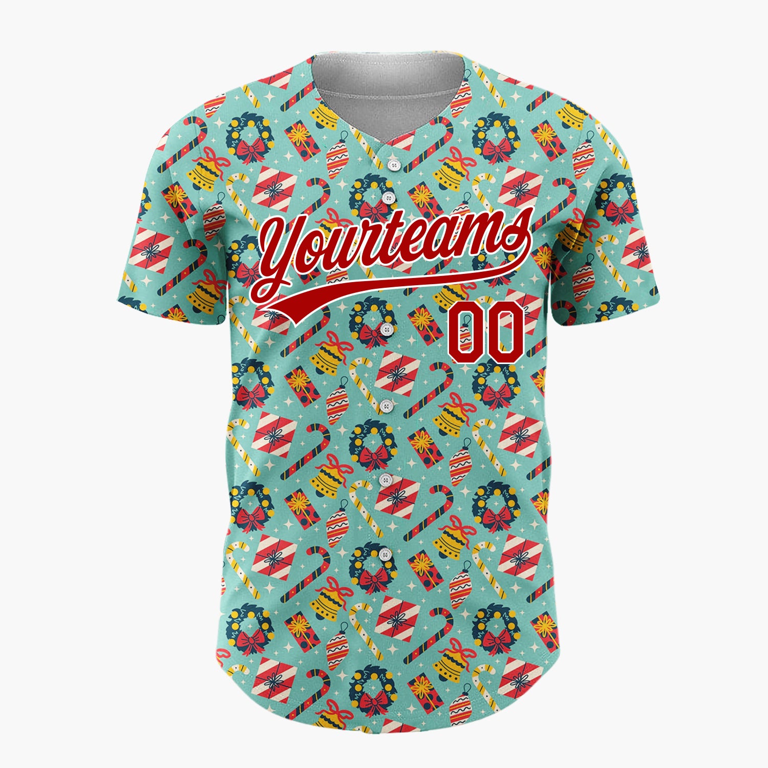 Custom Teal Red Yellow Wreaths And Candy Canes Christmas Baseball Jersey